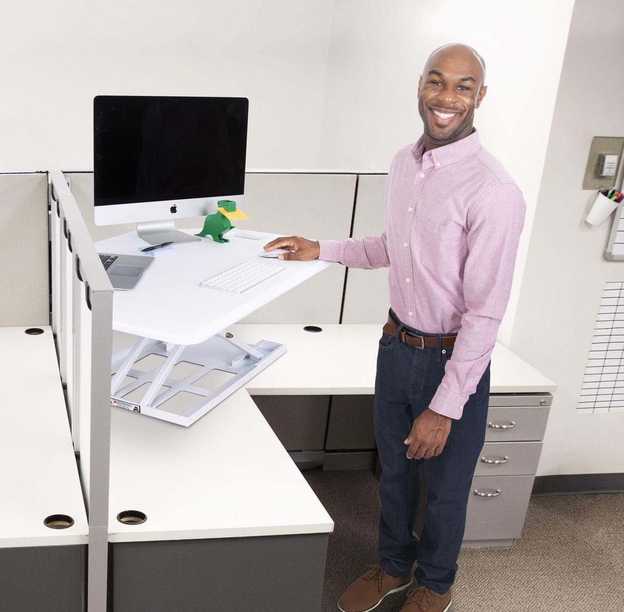 Alt view image 3 of 7 - stand steady x-elite pro corner standing desk | 40 inch corner sit to stand desk converter ideal for cubicles and l shaped desks! easy height-adjustable and fully assembled! (white)
