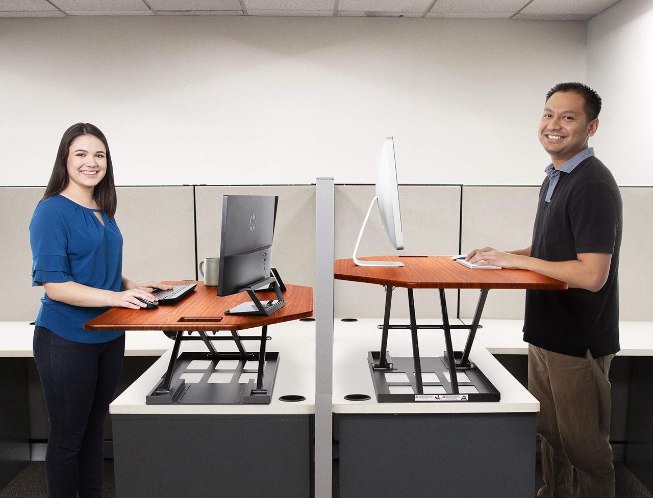 Alt view image 5 of 7 - Stand Steady X-Elite Pro | Premier Corner Standing Desk Converter | Extra Large 40 Inch Sit to Stand Desk | Fully Assembled | Height Adjustable Desk Converter for Cubicles and L-Shaped Desks (Cherry)