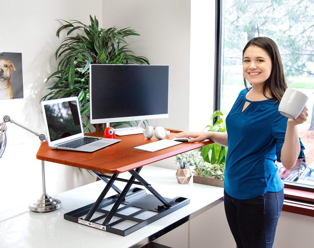 Alt view image 7 of 7 - Stand Steady X-Elite Pro | Premier Corner Standing Desk Converter | Extra Large 40 Inch Sit to Stand Desk | Fully Assembled | Height Adjustable Desk Converter for Cubicles and L-Shaped Desks (Cherry)