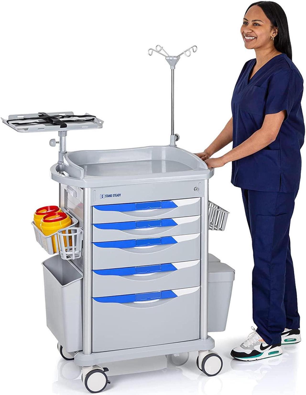 Main image of Stand Steady Emergency Crash Cart | Mobile Medical Cart with Drawers & Customizable Storage Bins | Medical Supply Cart with IV Pole, Cardiac Board, O2 Holder & UL-Safety Power Strip | Easy Assembly