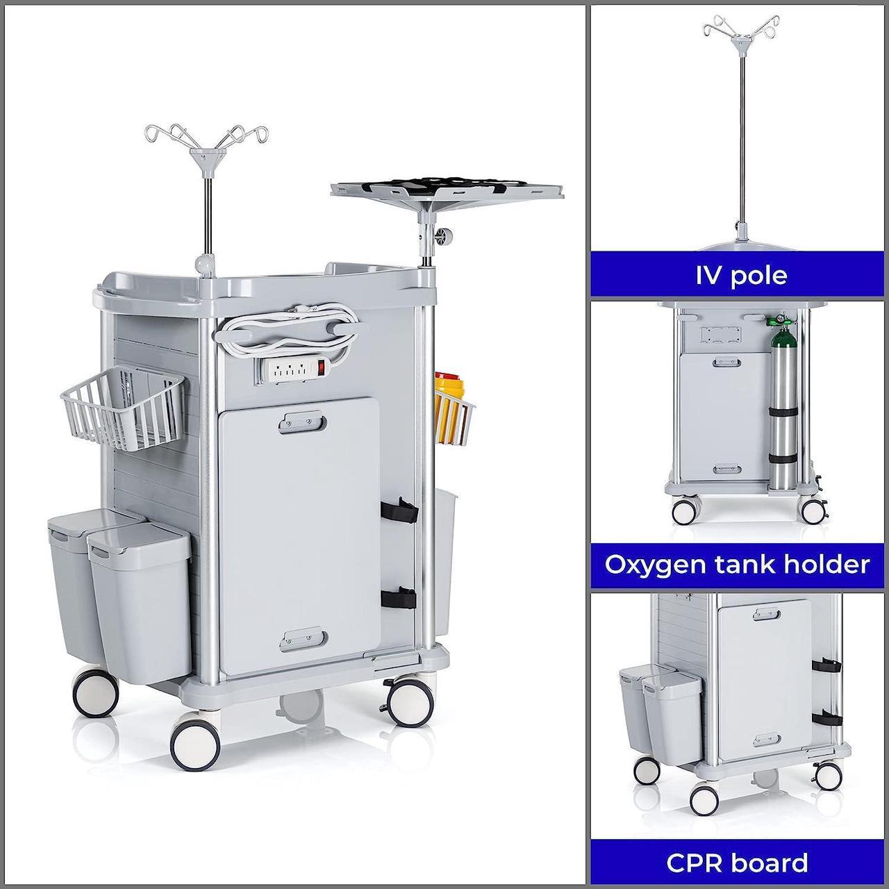 Alt view image 3 of 6 - Stand Steady Emergency Crash Cart | Mobile Medical Cart with Drawers & Customizable Storage Bins | Medical Supply Cart with IV Pole, Cardiac Board, O2 Holder & UL-Safety Power Strip | Easy Assembly