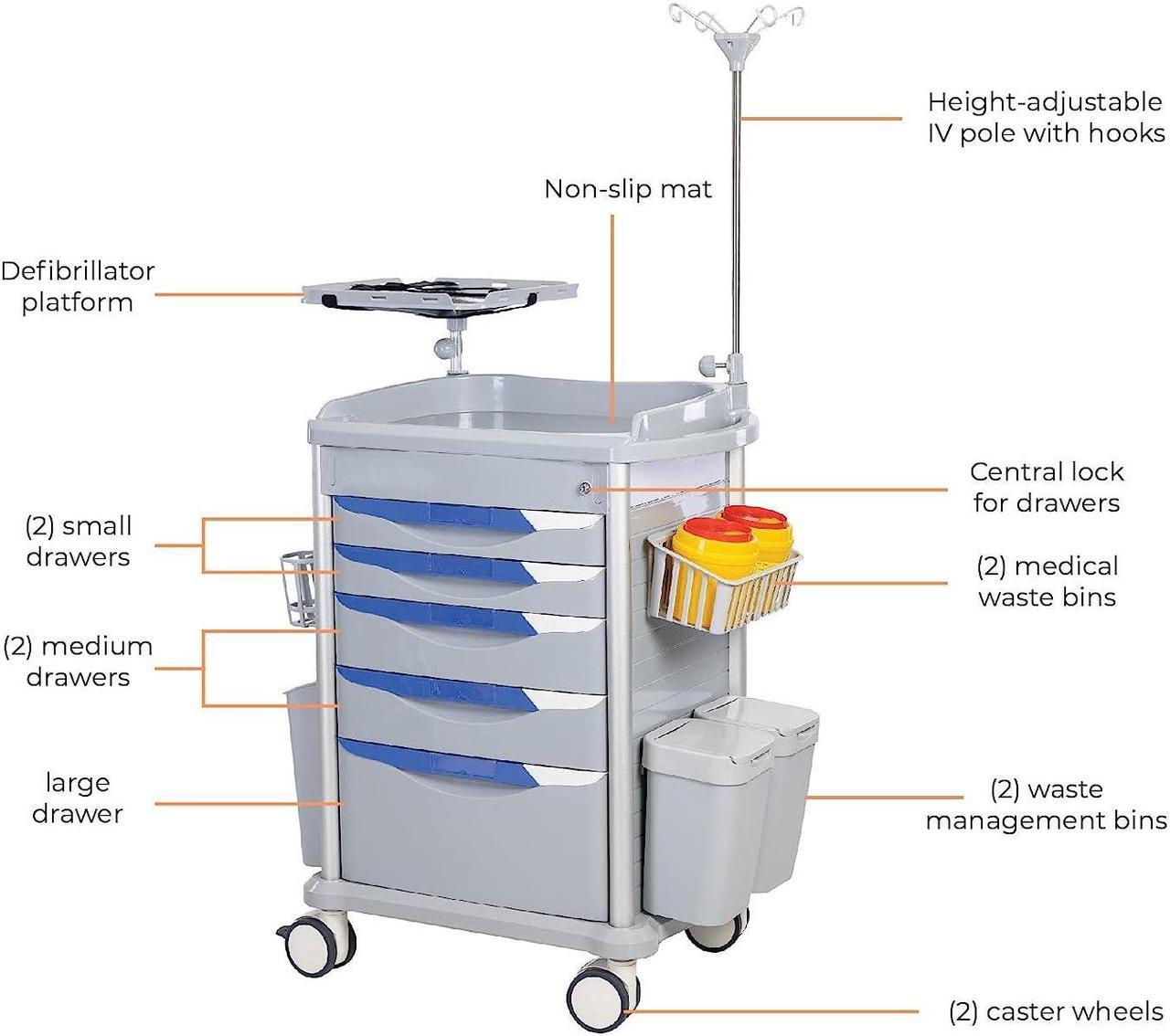 Alt view image 4 of 6 - Stand Steady Emergency Crash Cart | Mobile Medical Cart with Drawers & Customizable Storage Bins | Medical Supply Cart with IV Pole, Cardiac Board, O2 Holder & UL-Safety Power Strip | Easy Assembly