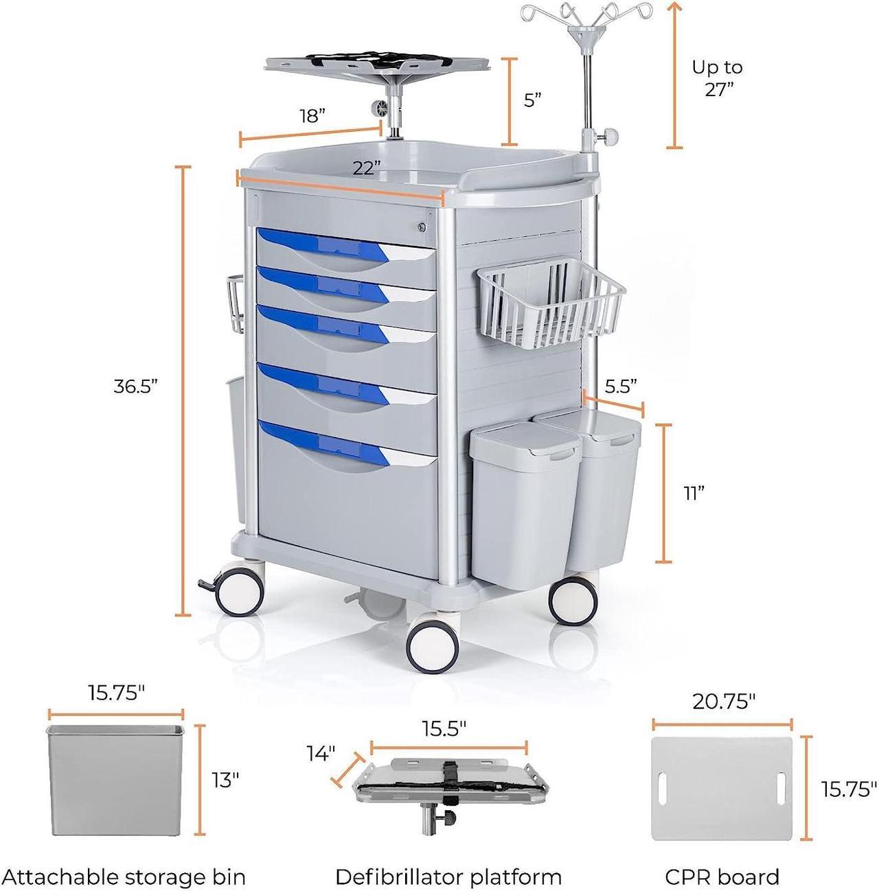 Alt view image 5 of 6 - Stand Steady Emergency Crash Cart | Mobile Medical Cart with Drawers & Customizable Storage Bins | Medical Supply Cart with IV Pole, Cardiac Board, O2 Holder & UL-Safety Power Strip | Easy Assembly