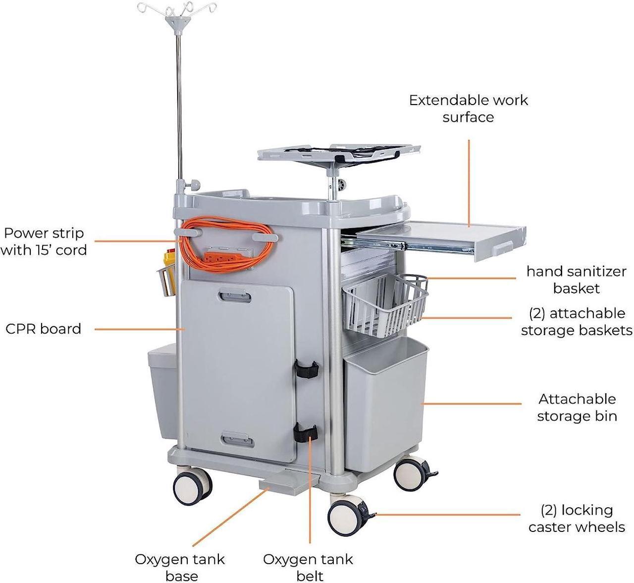 Alt view image 6 of 6 - Stand Steady Emergency Crash Cart | Mobile Medical Cart with Drawers & Customizable Storage Bins | Medical Supply Cart with IV Pole, Cardiac Board, O2 Holder & UL-Safety Power Strip | Easy Assembly