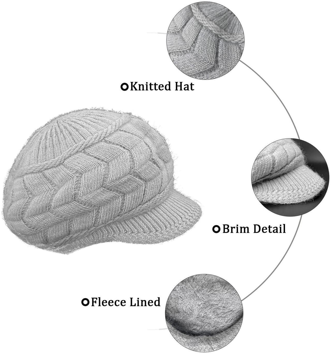 Alt view image 5 of 5 - Womens Winter Hat with Brim, Beanie with Warm Fleece Lined & Visor for Women Wool Knit Newsboy Cap S-Y-H4 (US, Alpha, Medium, Z - 2 Packs - Black and Gray)