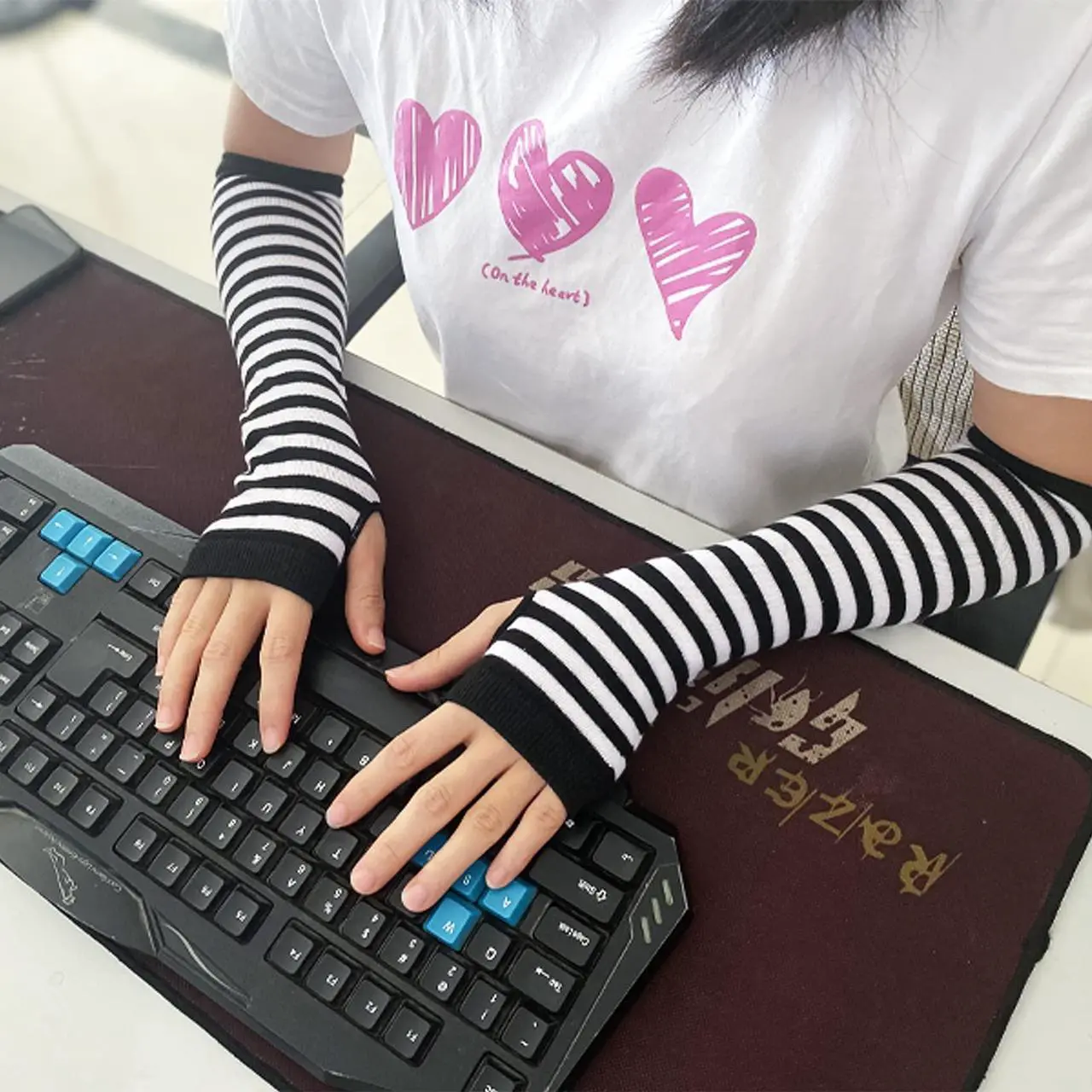 Alt view image 4 of 5 - Women Striped Long Fingerless Gloves, Winter Knitted Arm Warmers For Punk Rock/ Cosplay/ Goth/ Christmas Party WM-S-G5 (Black with Deep Grey     Striped)