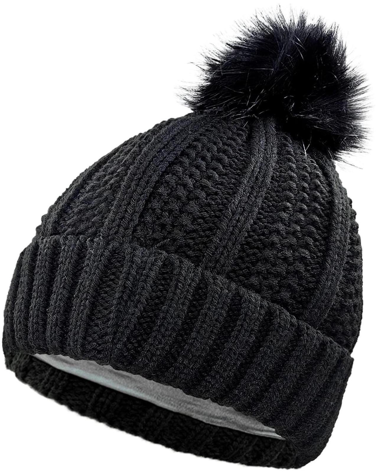 Main image of Womens Winter Hat, Winter Beanies Hats for Women with Pom Pom, Thick Wool Warm Knit Caps Pompom for Cold Weather U-SY-P1H (US, Alpha, One Size, Black)