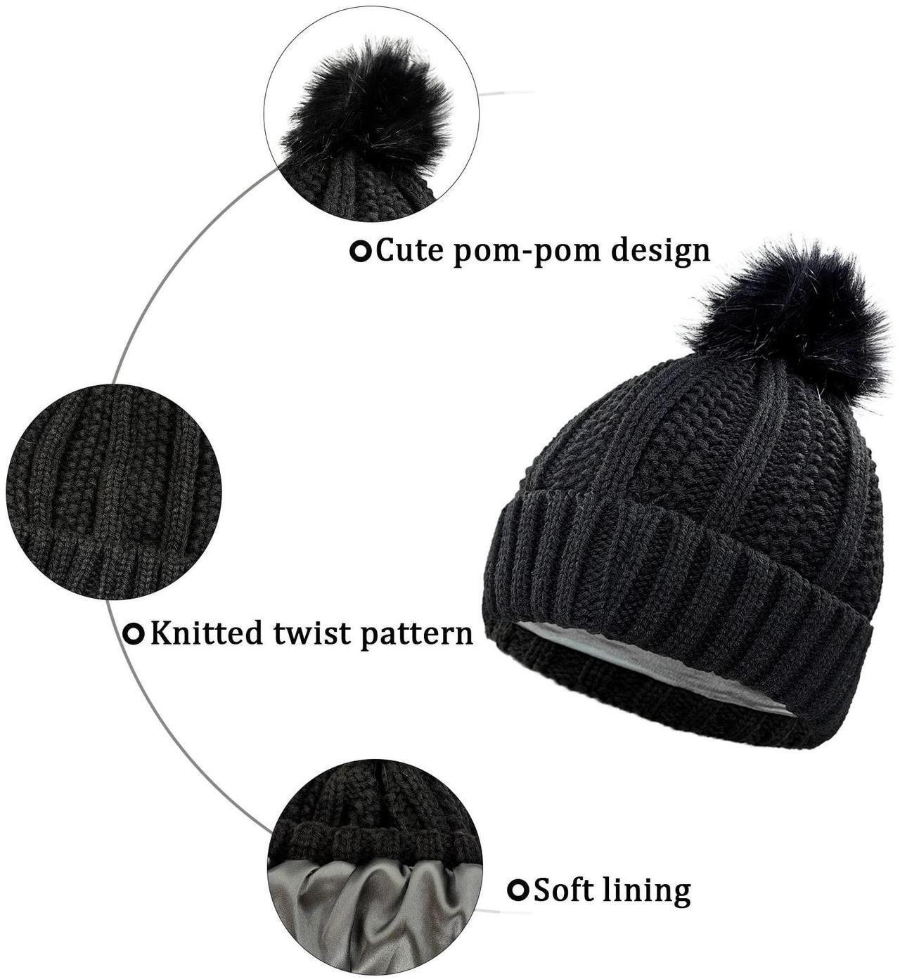 Alt view image 4 of 5 - Womens Winter Hat, Winter Beanies Hats for Women with Pom Pom, Thick Wool Warm Knit Caps Pompom for Cold Weather U-SY-P1H (US, Alpha, One Size, Black)