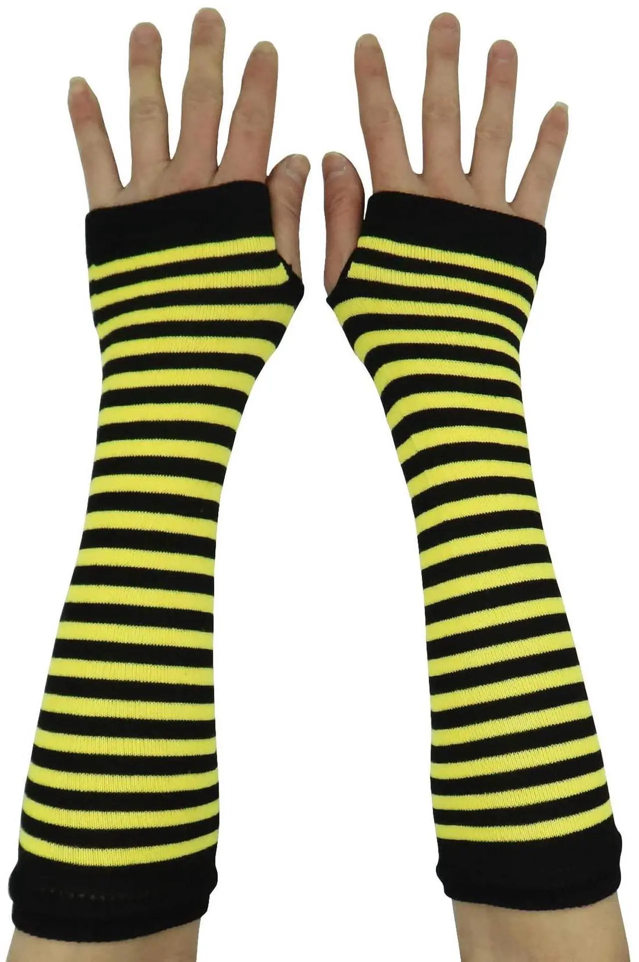 Main image of Pairs Striped Long Fingerless Gloves Elbow Length, Winter Knitted Thumb Hole Arm Warmers For Cosplay/ Goth/ Punk S-G-6 (1 Pairs Yellow with Black Striped)