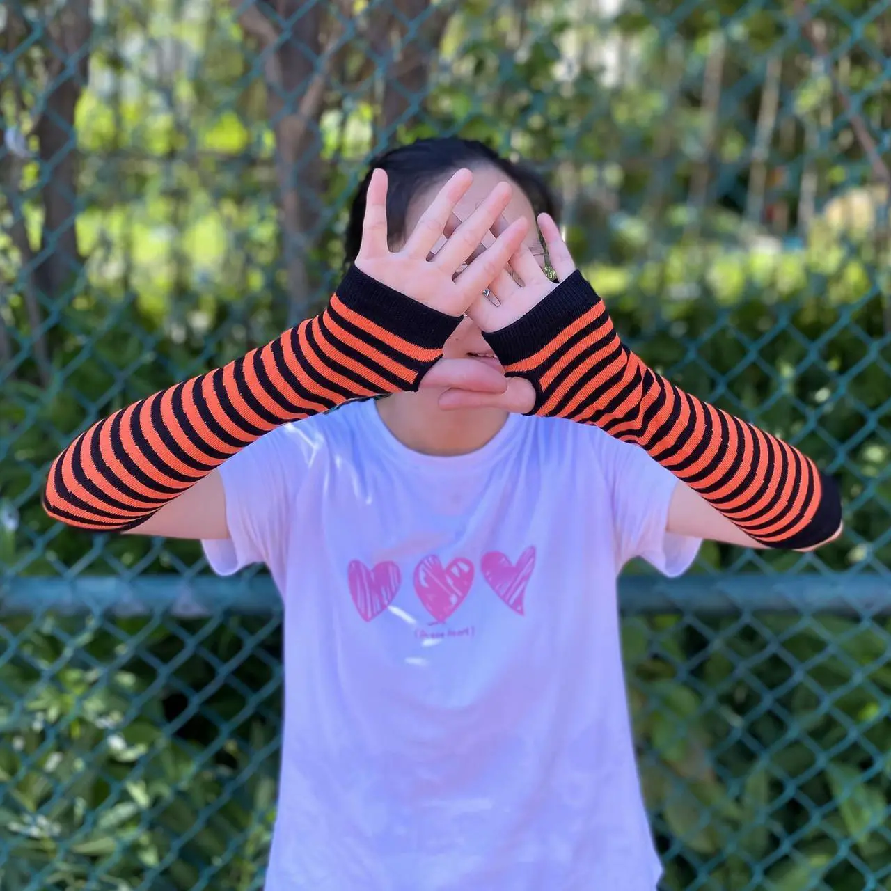 Alt view image 2 of 6 - Pairs Striped Long Fingerless Gloves Elbow Length, Winter Knitted Thumb Hole Arm Warmers For Cosplay/ Goth/ Punk S-G-6 (1 Pairs Yellow with Black Striped)