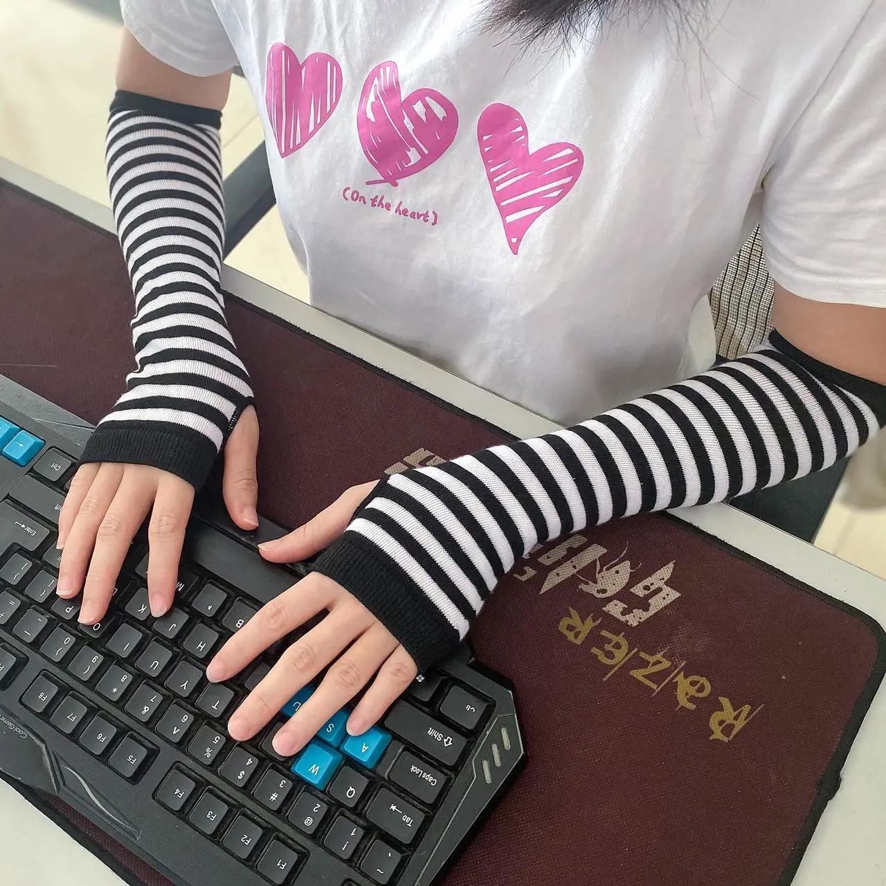 Alt view image 4 of 6 - Pairs Striped Long Fingerless Gloves Elbow Length, Winter Knitted Thumb Hole Arm Warmers For Cosplay/ Goth/ Punk S-G-6 (1 Pairs Yellow with Black Striped)