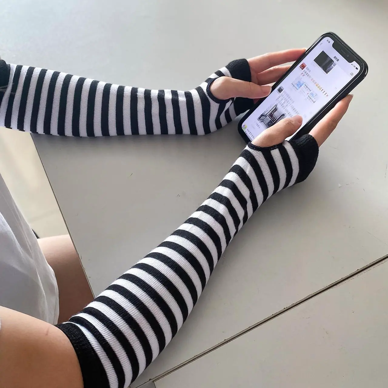 Alt view image 5 of 6 - Pairs Striped Long Fingerless Gloves Elbow Length, Winter Knitted Thumb Hole Arm Warmers For Cosplay/ Goth/ Punk S-G-6 (1 Pairs Yellow with Black Striped)