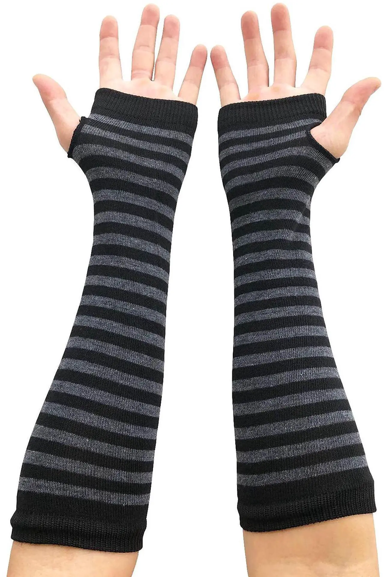 Alt view image 2 of 5 - Women Striped Long Fingerless Gloves, Winter Knitted Arm Warmers For Punk Rock/ Cosplay/ Goth/ Christmas Party WM-S-G5 (Black with Deep Grey     Striped)
