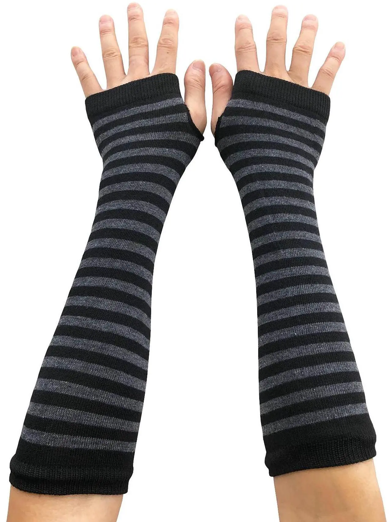 Main image of Women Striped Long Fingerless Gloves, Winter Knitted Arm Warmers For Punk Rock/ Cosplay/ Goth/ Christmas Party WM-S-G5 (Black with Deep Grey     Striped)