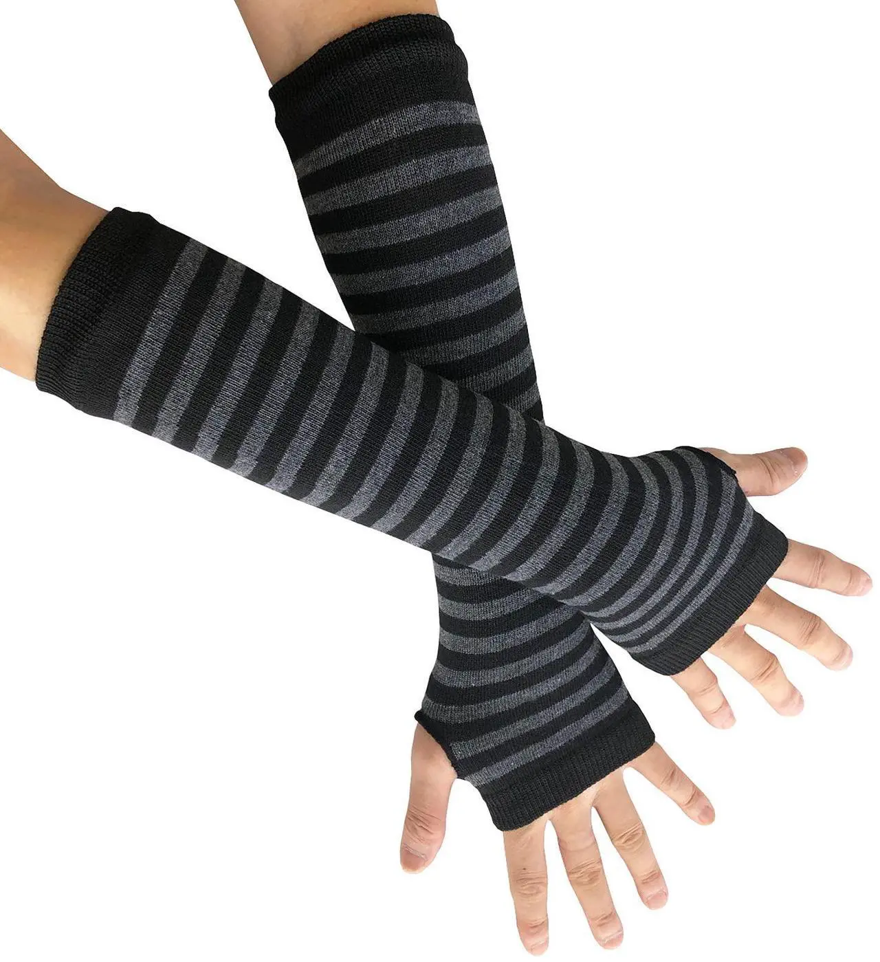 Alt view image 3 of 5 - Women Striped Long Fingerless Gloves, Winter Knitted Arm Warmers For Punk Rock/ Cosplay/ Goth/ Christmas Party WM-S-G5 (Black with Deep Grey     Striped)