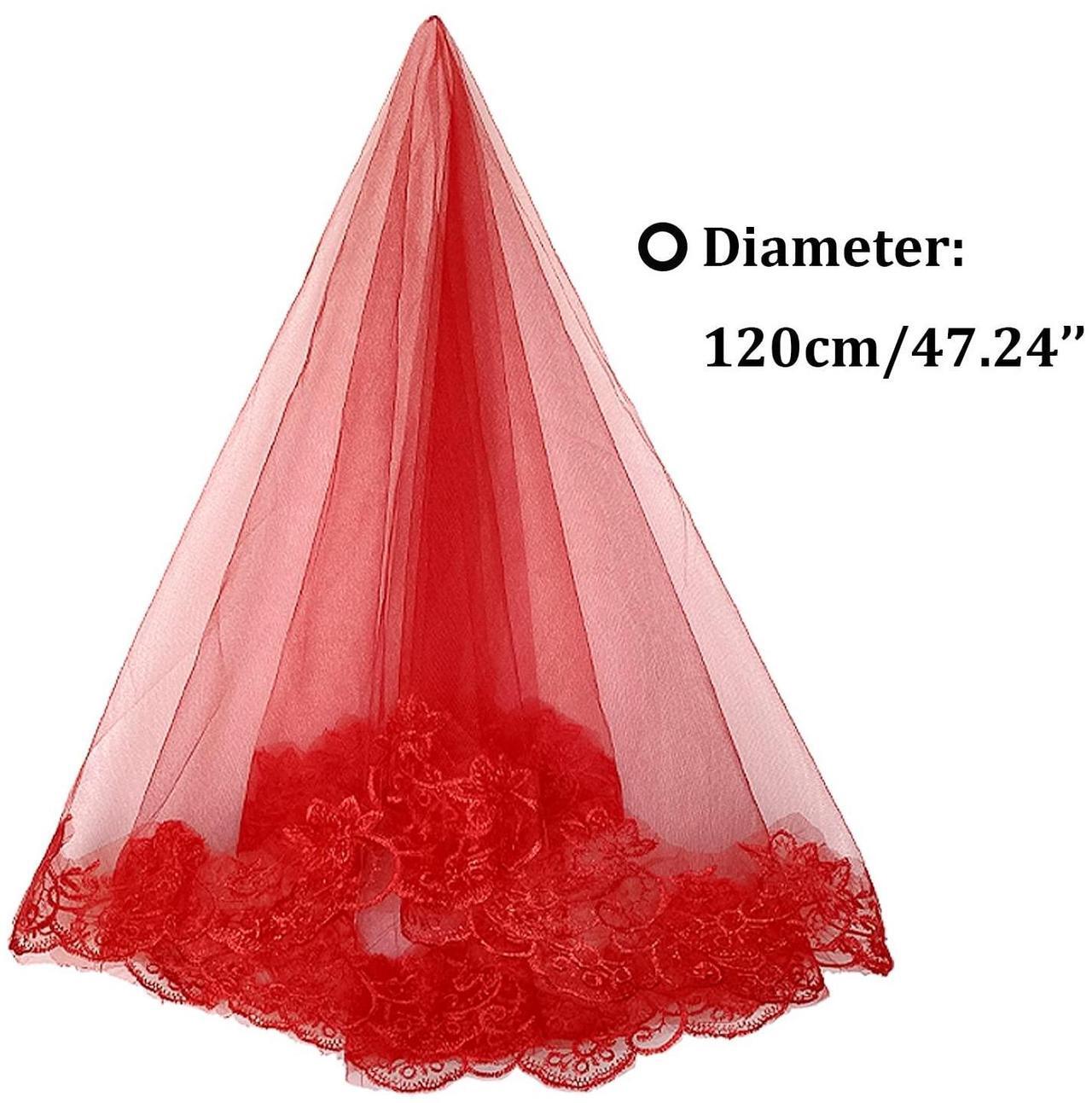 Alt view image 2 of 2 - Short Lace Mesh 2 Tier Bridal Veils With Comb, Women's Simple Tulle Bachelorette Party For Wedding Hen Party V1 (1 Tier Red Lace)