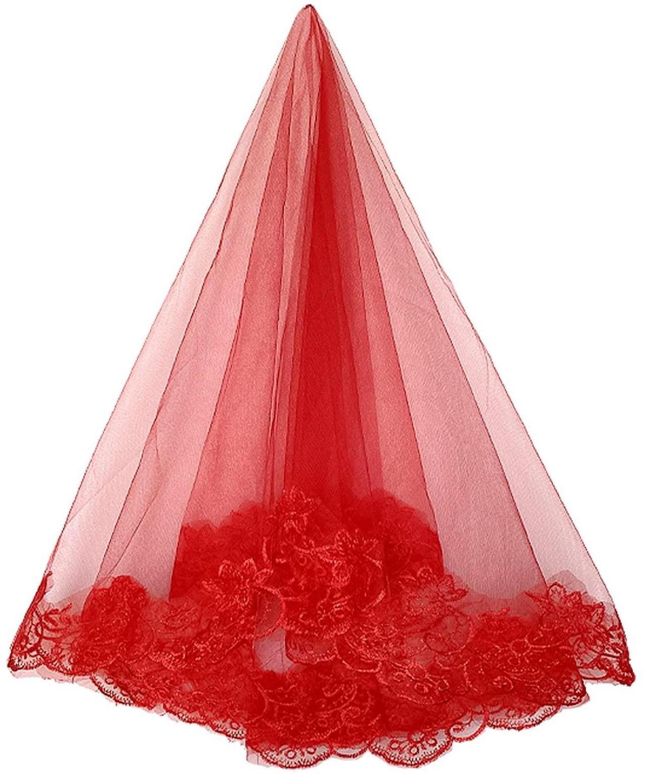 Main image of Short Lace Mesh 2 Tier Bridal Veils With Comb, Women's Simple Tulle Bachelorette Party For Wedding Hen Party V1 (1 Tier Red Lace)