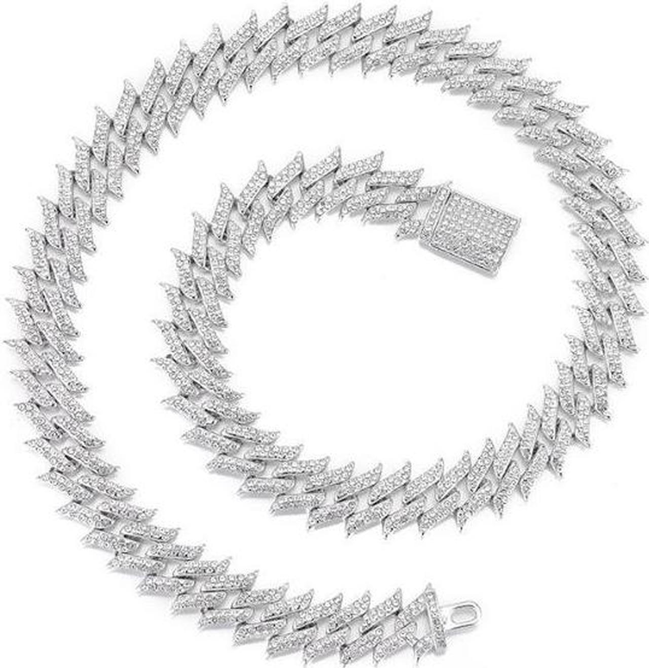 Main image of Men Hip Hop Spike Thorn Miami Cuban 18K Gold Plated Bling Crystal Diamond Cuban 18MM Link Chain Punk Men Fashion Elegant Chain Necklaces Jewelry Silver 24"