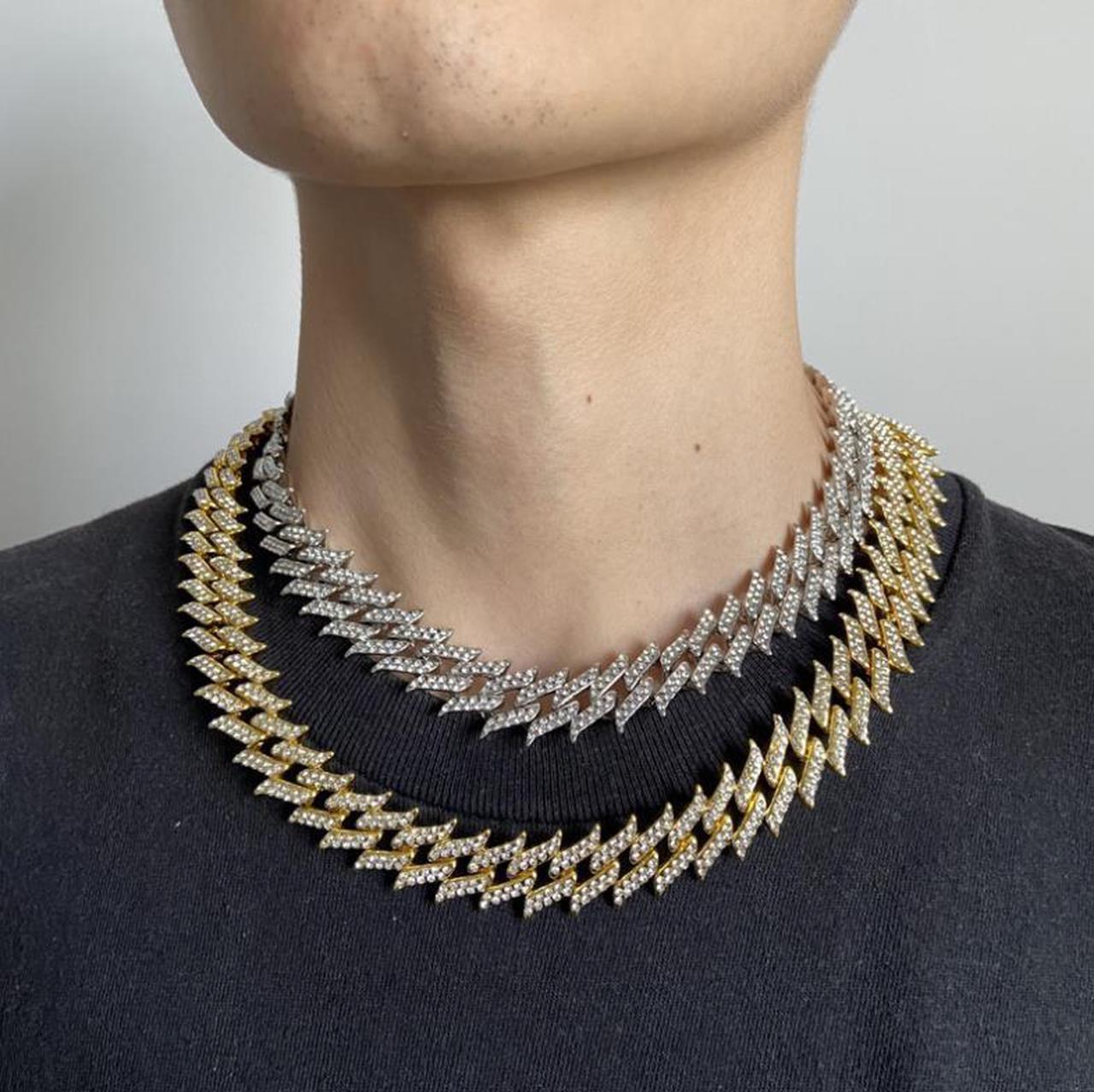 Alt view image 3 of 7 - Men Hip Hop Spike Thorn Miami Cuban 18K Gold Plated Bling Crystal Diamond Cuban 18MM Link Chain Punk Men Fashion Elegant Chain Necklaces Jewelry Silver 24"