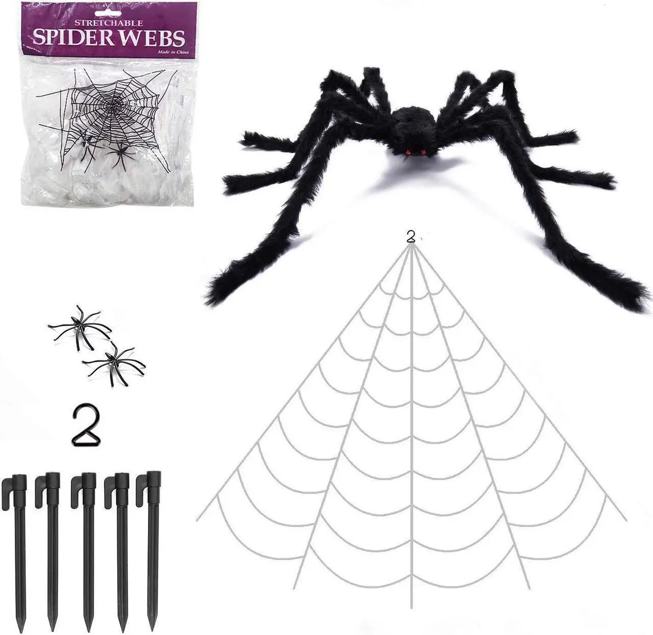 Main image of Halloween Decorations Outdoor 200'' Triangular Spider Web+80'' Giant Fake Spiders, and 20 Small Spiders, and 40g Stretch Cobweb for Home Outside Yard Costumes Party Haunted House Garden Lawn