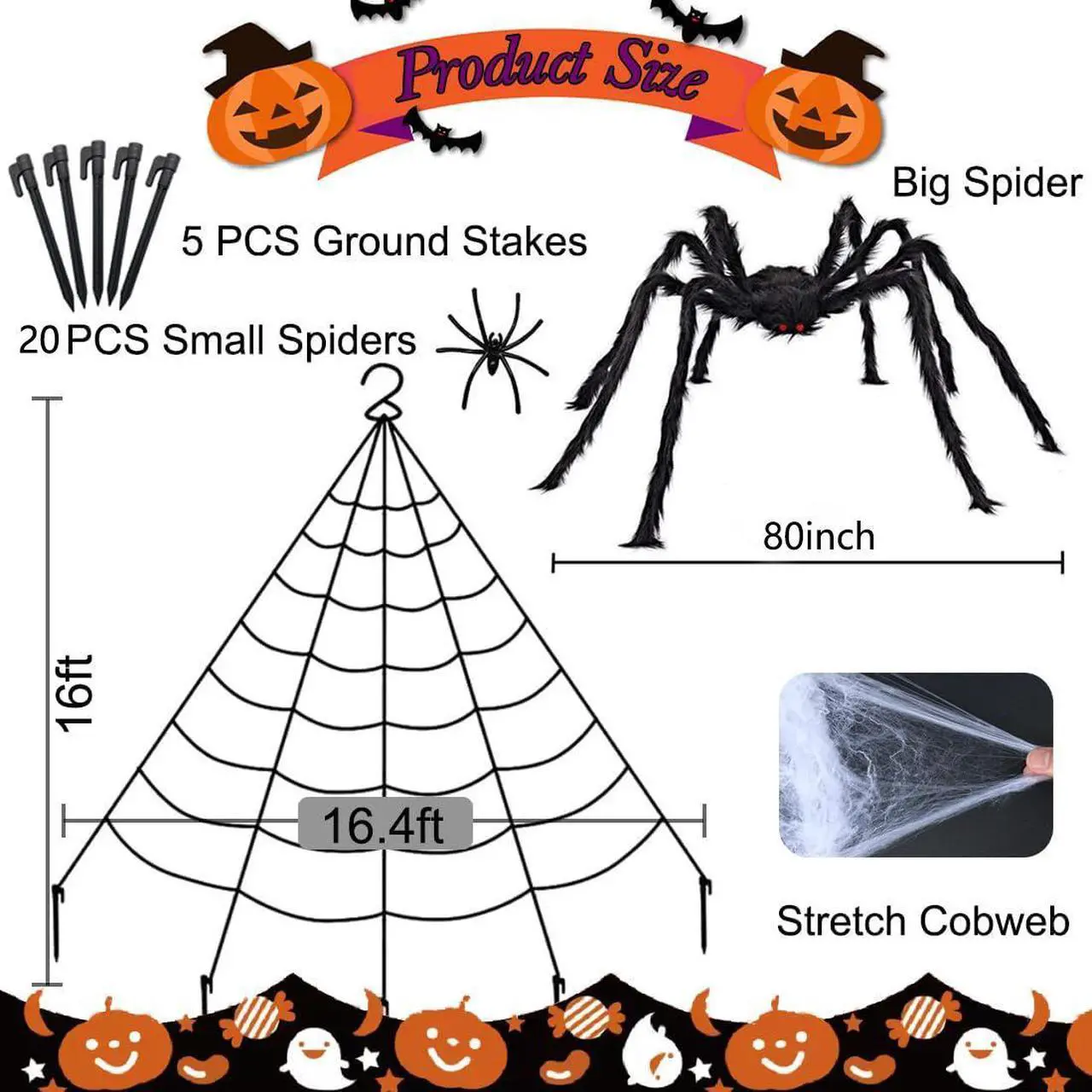 Alt view image 2 of 7 - Halloween Decorations Outdoor 200'' Triangular Spider Web+80'' Giant Fake Spiders, and 20 Small Spiders, and 40g Stretch Cobweb for Home Outside Yard Costumes Party Haunted House Garden Lawn