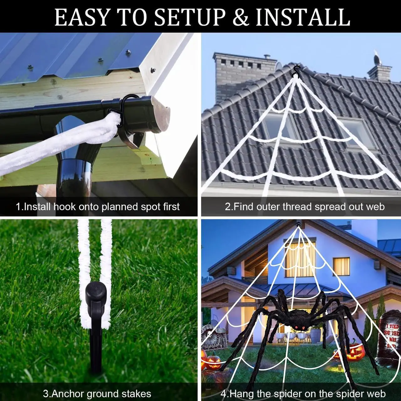 Alt view image 4 of 7 - Halloween Decorations Outdoor 200'' Triangular Spider Web+80'' Giant Fake Spiders, and 20 Small Spiders, and 40g Stretch Cobweb for Home Outside Yard Costumes Party Haunted House Garden Lawn
