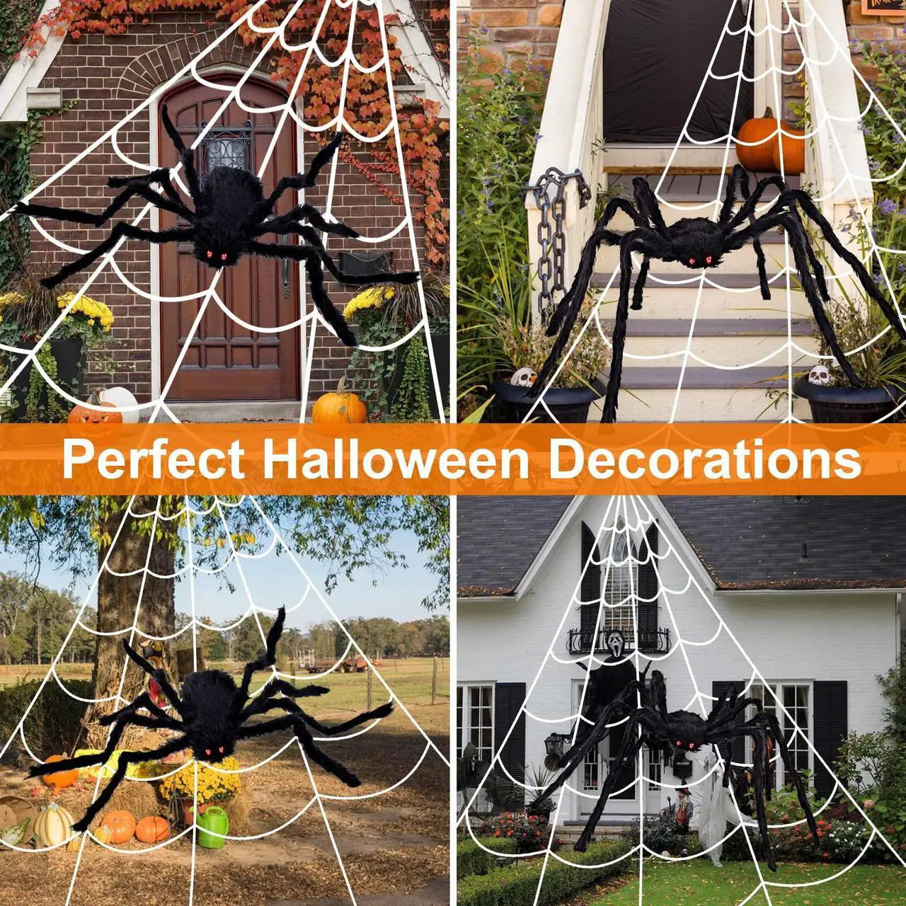 Alt view image 5 of 7 - Halloween Decorations Outdoor 200'' Triangular Spider Web+80'' Giant Fake Spiders, and 20 Small Spiders, and 40g Stretch Cobweb for Home Outside Yard Costumes Party Haunted House Garden Lawn