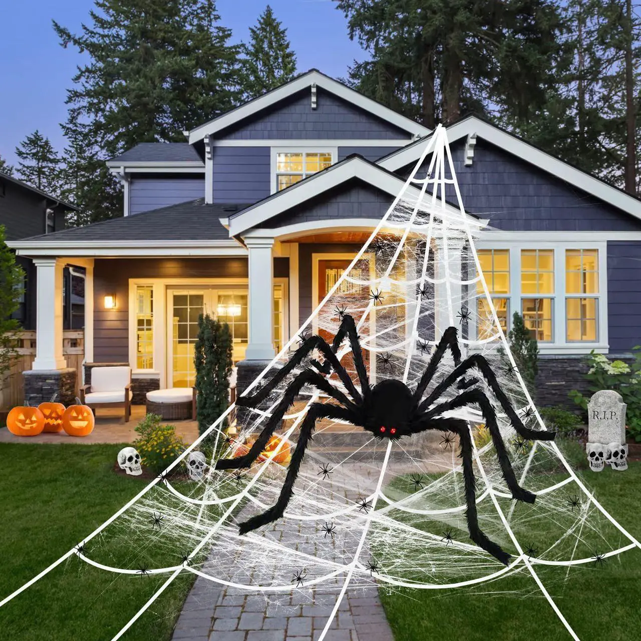 Alt view image 6 of 7 - Halloween Decorations Outdoor 200'' Triangular Spider Web+80'' Giant Fake Spiders, and 20 Small Spiders, and 40g Stretch Cobweb for Home Outside Yard Costumes Party Haunted House Garden Lawn