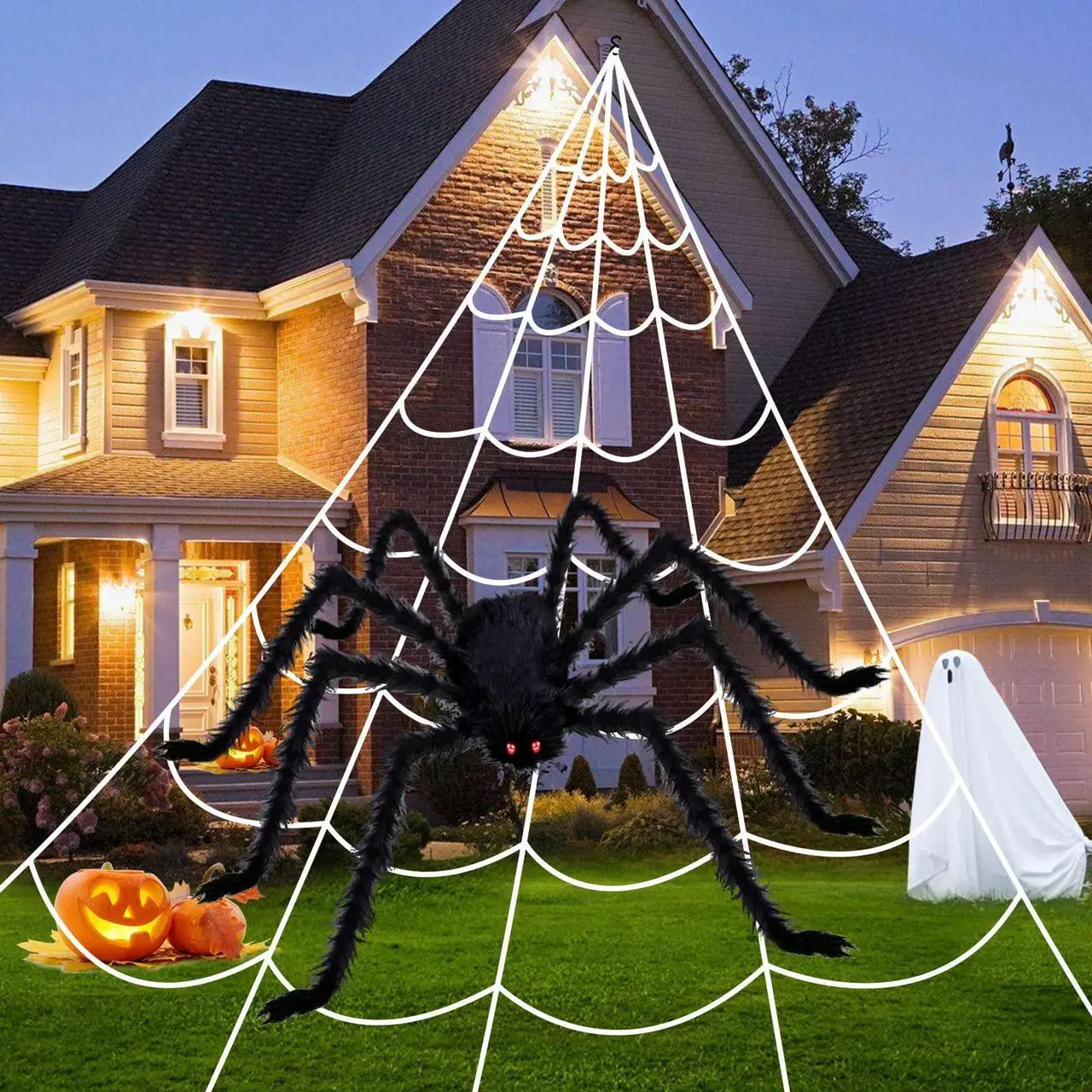 Alt view image 7 of 7 - Halloween Decorations Outdoor 200'' Triangular Spider Web+80'' Giant Fake Spiders, and 20 Small Spiders, and 40g Stretch Cobweb for Home Outside Yard Costumes Party Haunted House Garden Lawn