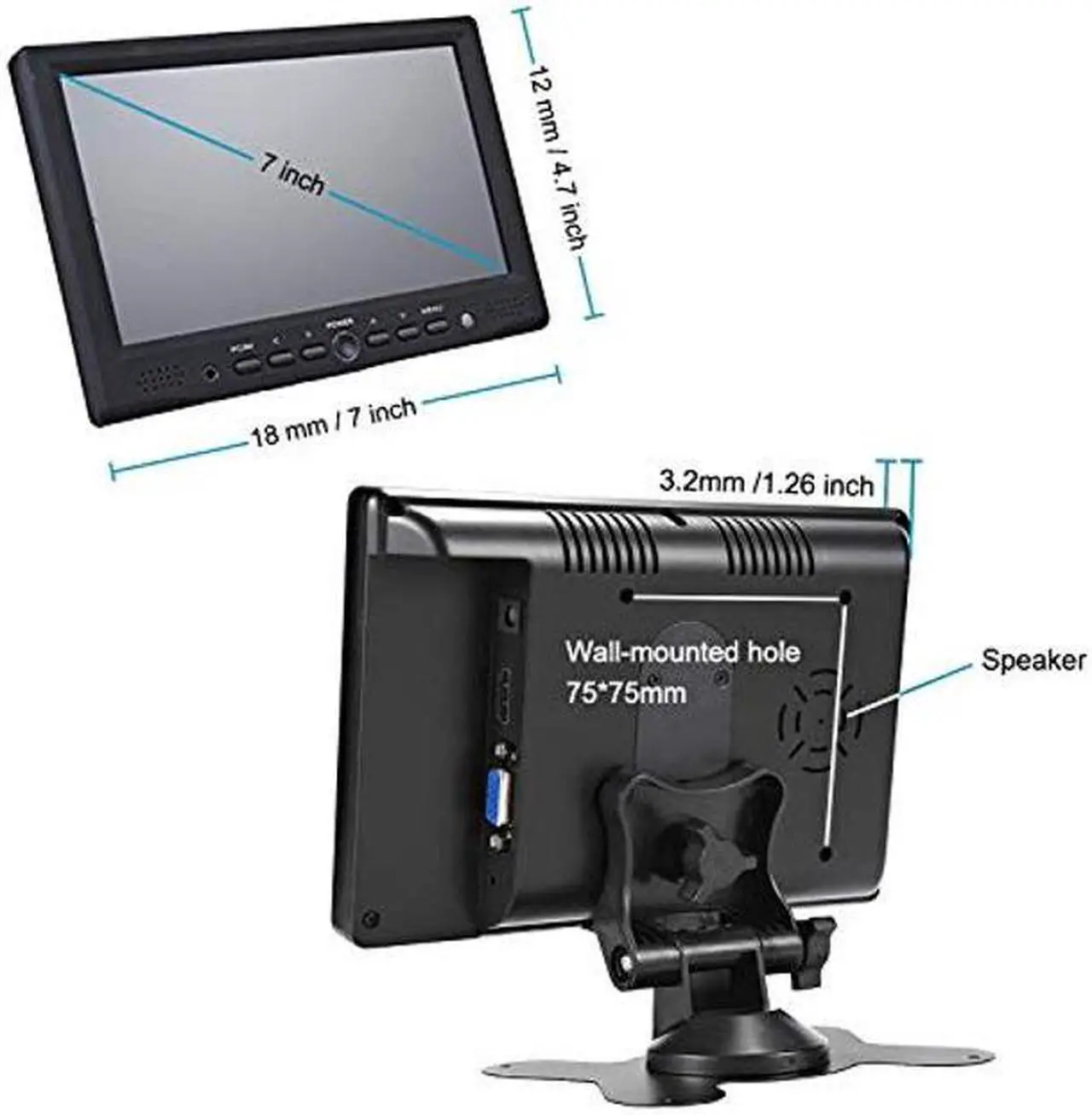 Alt view image 2 of 5 - LONCEVON-7 inch Mini Monitor Small HDMI Monitor Portable HD 1080P VGA Monitor LCD Screen for PC/Mac Mini/TV/Raspberry PI/Camera/Gaming; IPS 1024X600 Pixels, Build in Speakers & Earphone Jack