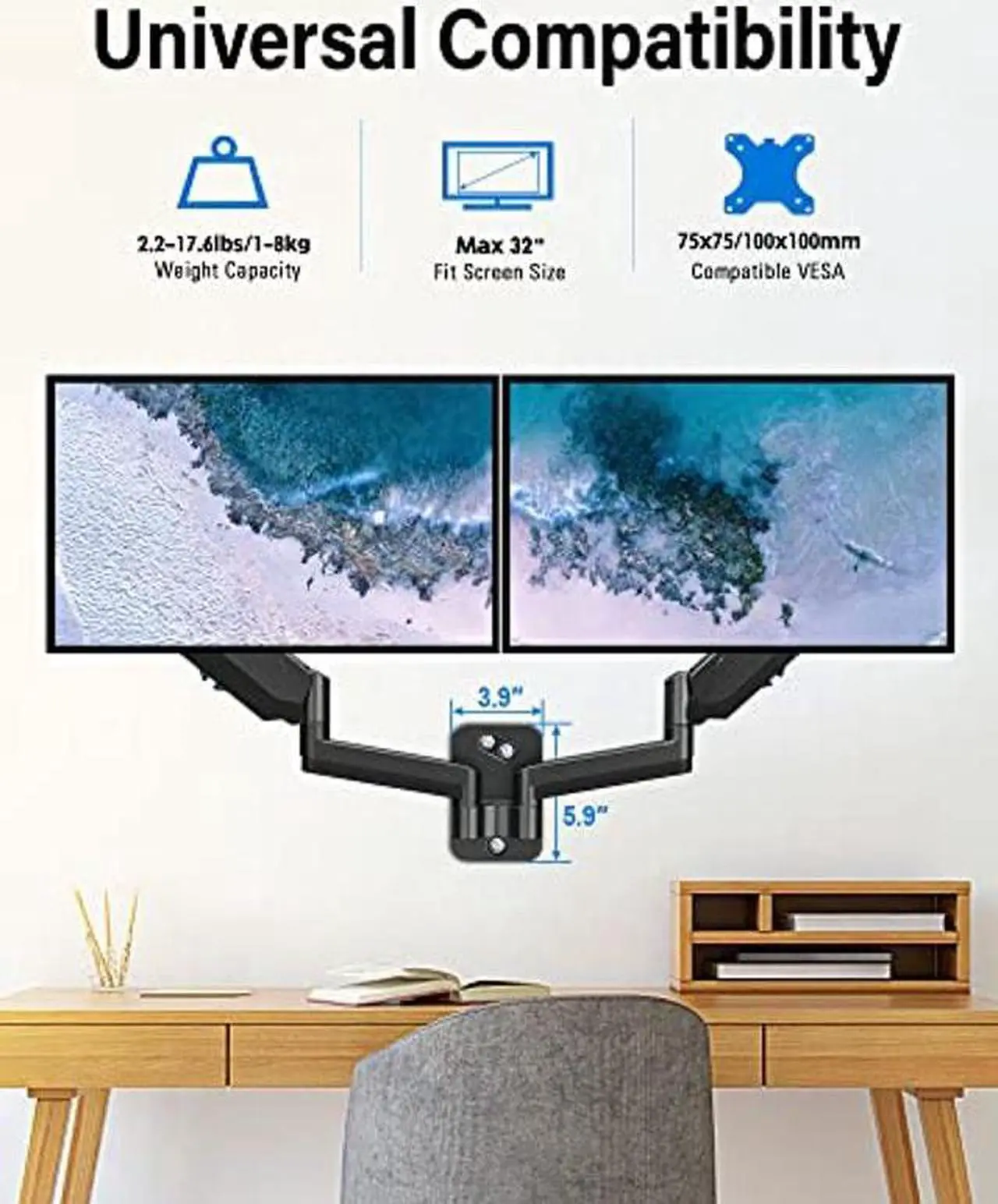 Alt view image 3 of 5 - MOUNTUP Dual Monitor Wall Mount for 2 Max 32 Inch Computer Screen, Fully Adjustable Gas Spring Double Monitor Arm, Wall Mounted Monitor Holder Support 2.2-17.6lbs Display, VESA Bracket 75x75, 100x100