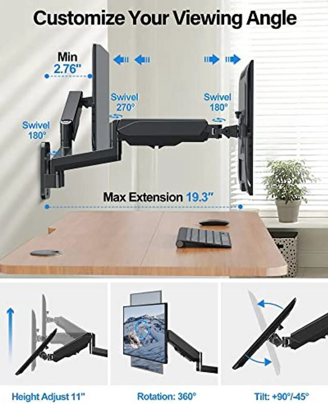 Alt view image 4 of 5 - MOUNTUP Dual Monitor Wall Mount for 2 Max 32 Inch Computer Screen, Fully Adjustable Gas Spring Double Monitor Arm, Wall Mounted Monitor Holder Support 2.2-17.6lbs Display, VESA Bracket 75x75, 100x100
