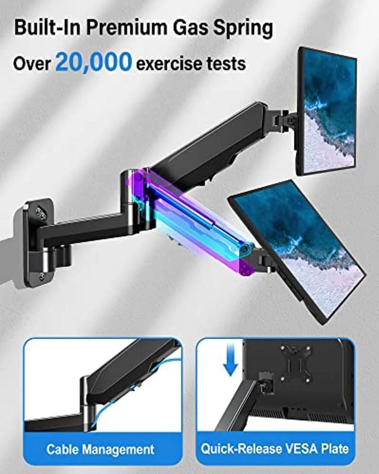 Alt view image 5 of 5 - MOUNTUP Dual Monitor Wall Mount for 2 Max 32 Inch Computer Screen, Fully Adjustable Gas Spring Double Monitor Arm, Wall Mounted Monitor Holder Support 2.2-17.6lbs Display, VESA Bracket 75x75, 100x100