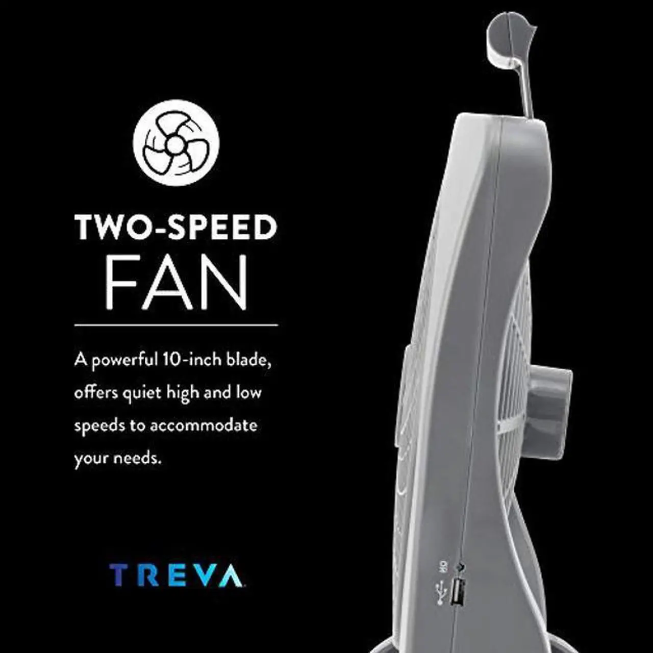 Alt view image 4 of 5 - Treva 10 inch Rechargeable Portable Fan Smart Power Air Circulator. Plug-In AC Adapter and Battery Powered, USB Charging Port, For Camping Travel and Indoors Use