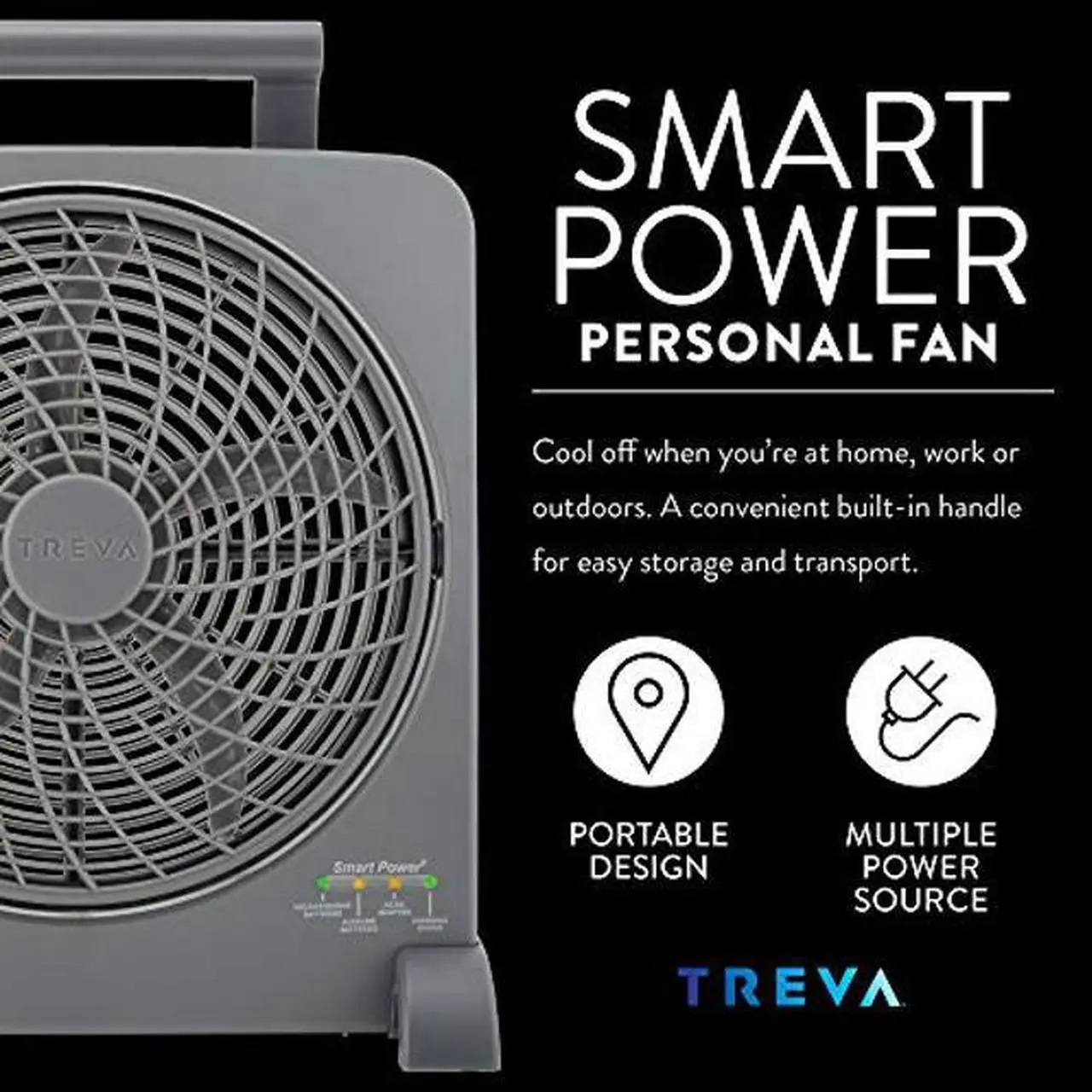 Alt view image 2 of 5 - Treva 10 inch Rechargeable Portable Fan Smart Power Air Circulator. Plug-In AC Adapter and Battery Powered, USB Charging Port, For Camping Travel and Indoors Use