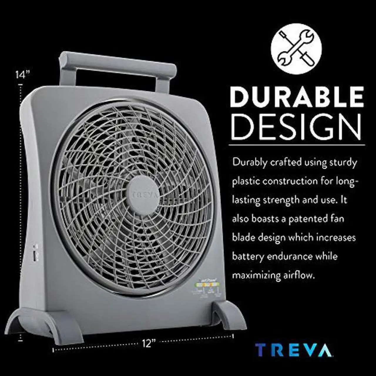 Alt view image 3 of 5 - Treva 10 inch Rechargeable Portable Fan Smart Power Air Circulator. Plug-In AC Adapter and Battery Powered, USB Charging Port, For Camping Travel and Indoors Use