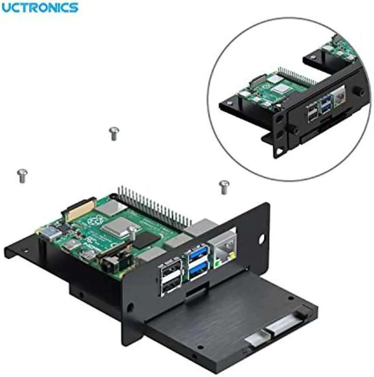Alt view image 3 of 5 - UCTRONICS 19" 1U Raspberry Pi Rack Mount with SSD Mounting Brackets, Thumbscrews Front Removable Bracket Supports Up to 4 Raspberry Pi 3B/3B+, 4B and 4 SSDs, Option SD Card Adapter