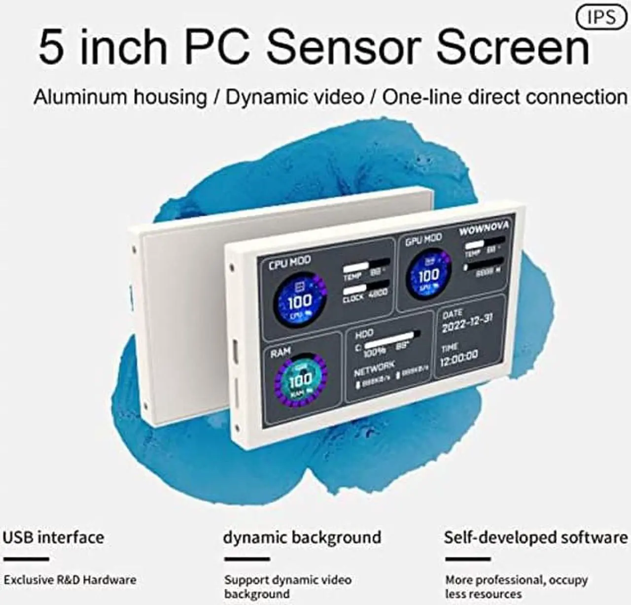 Alt view image 2 of 5 - WOWNOVA 5" Computer Temp Monitor (Dynamic Theme Supported), Pc Temperature Display, PC Sensor Panel for PC ARGB Computer Case, IPS Type-C USB Mini Secondary Screen PC CPU RAM HDD Data Monitor (Black)