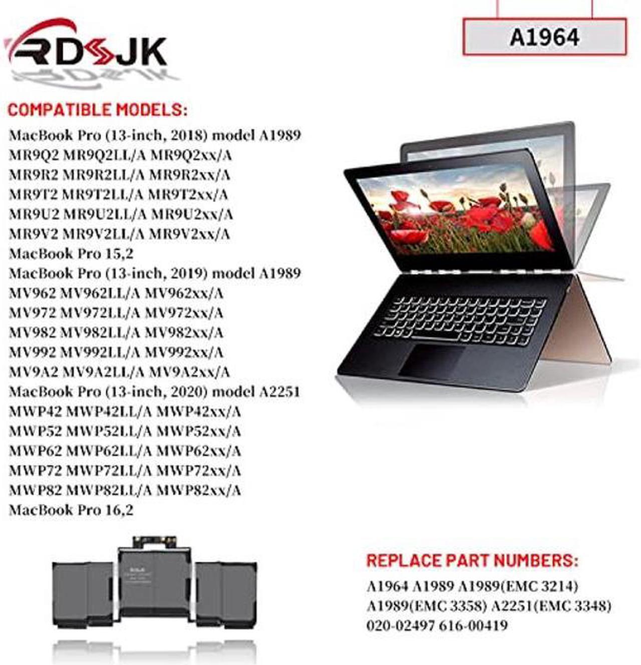 Alt view image 3 of 5 - A1964 Laptop Battery for MacBook Pro 13" (A1989) Mid 2018 2019 A2251 2020 EMC 3214 EMC 3358 3348 BTO/CTO MR9Q2LL/A MR9R2LL/A MR9T2LL/A MR9V2LL/A MV962LL/A MV9A2LL/A MV962LL/A MV972LL/A 11.41V 58Wh