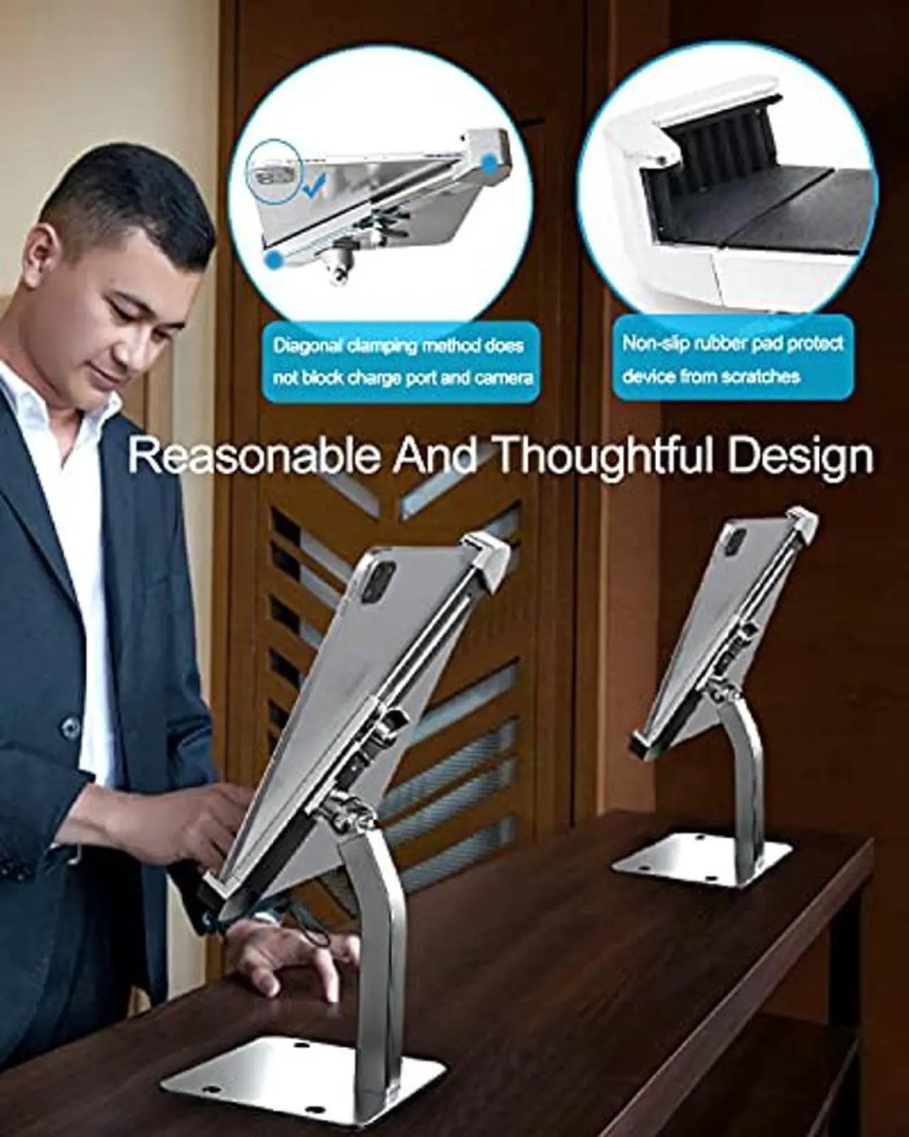 Alt view image 2 of 5 - Anti-Theft Desktop Tablet Kiosk Stand Holder, woleyi Heavy Duty Countertop Tablet POS Display Mount with Security Lock and Key, Compatible iPad Pro/ Air/ Mini, Galaxy Tabs, Surface, More 7-11" Tablets