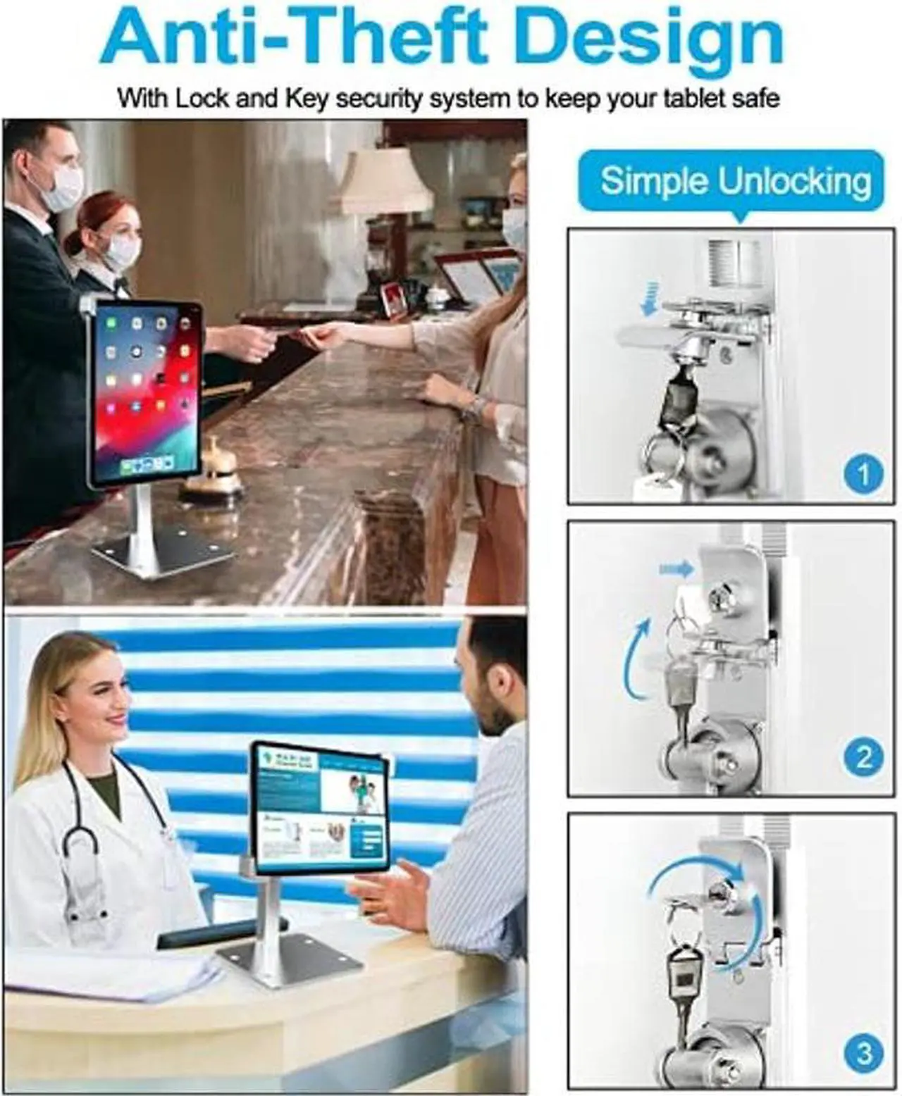Alt view image 3 of 5 - Anti-Theft Desktop Tablet Kiosk Stand Holder, woleyi Heavy Duty Countertop Tablet POS Display Mount with Security Lock and Key, Compatible iPad Pro/ Air/ Mini, Galaxy Tabs, Surface, More 7-11" Tablets