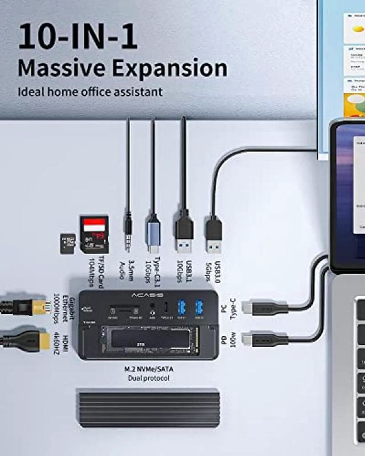 Alt view image 2 of 5 - ACASIS 10-in-1 USB-C Hub with SSD Enclosure, 10Gbps M.2 NVMe Enclosure, 4K 60Hz HDMI Port, USB A 3.1 Port, 100 W Power Delivery, Aluminum Alloy USB C 3.1 Enclosure for M.2 PCIe NVMe and SATA SSD