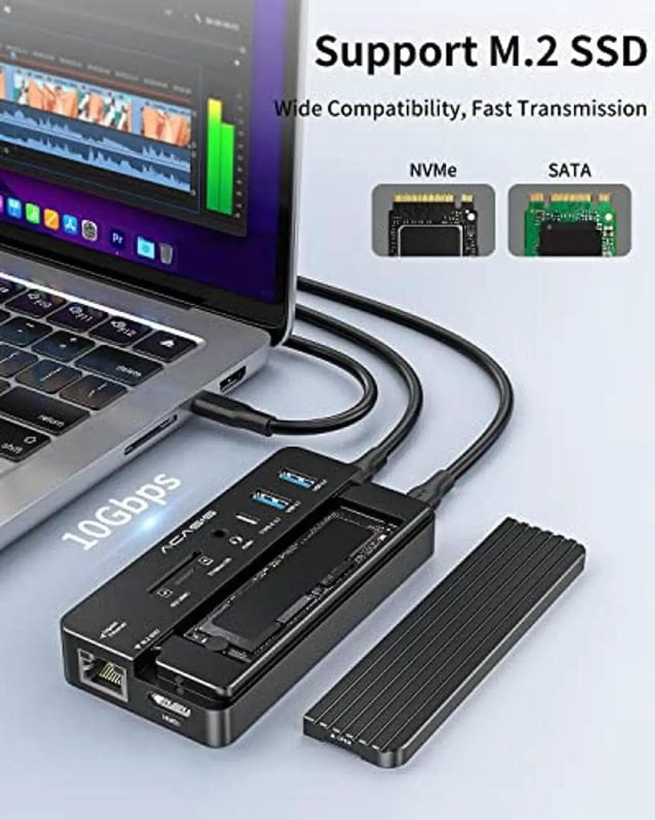 Alt view image 3 of 5 - ACASIS 10-in-1 USB-C Hub with SSD Enclosure, 10Gbps M.2 NVMe Enclosure, 4K 60Hz HDMI Port, USB A 3.1 Port, 100 W Power Delivery, Aluminum Alloy USB C 3.1 Enclosure for M.2 PCIe NVMe and SATA SSD