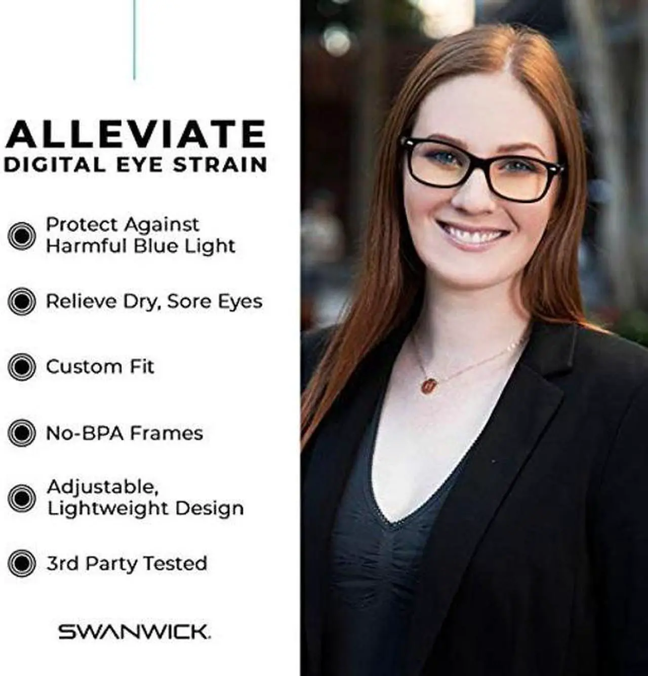 Alt view image 5 of 5 - Swanwick Blue Light Blocking Glasses for Women, Men Anti Eyestrain Headache for Computer, Gaming, TV, Phone Screen. Sleep Aid. Classic Day Swannies (Small, Black)