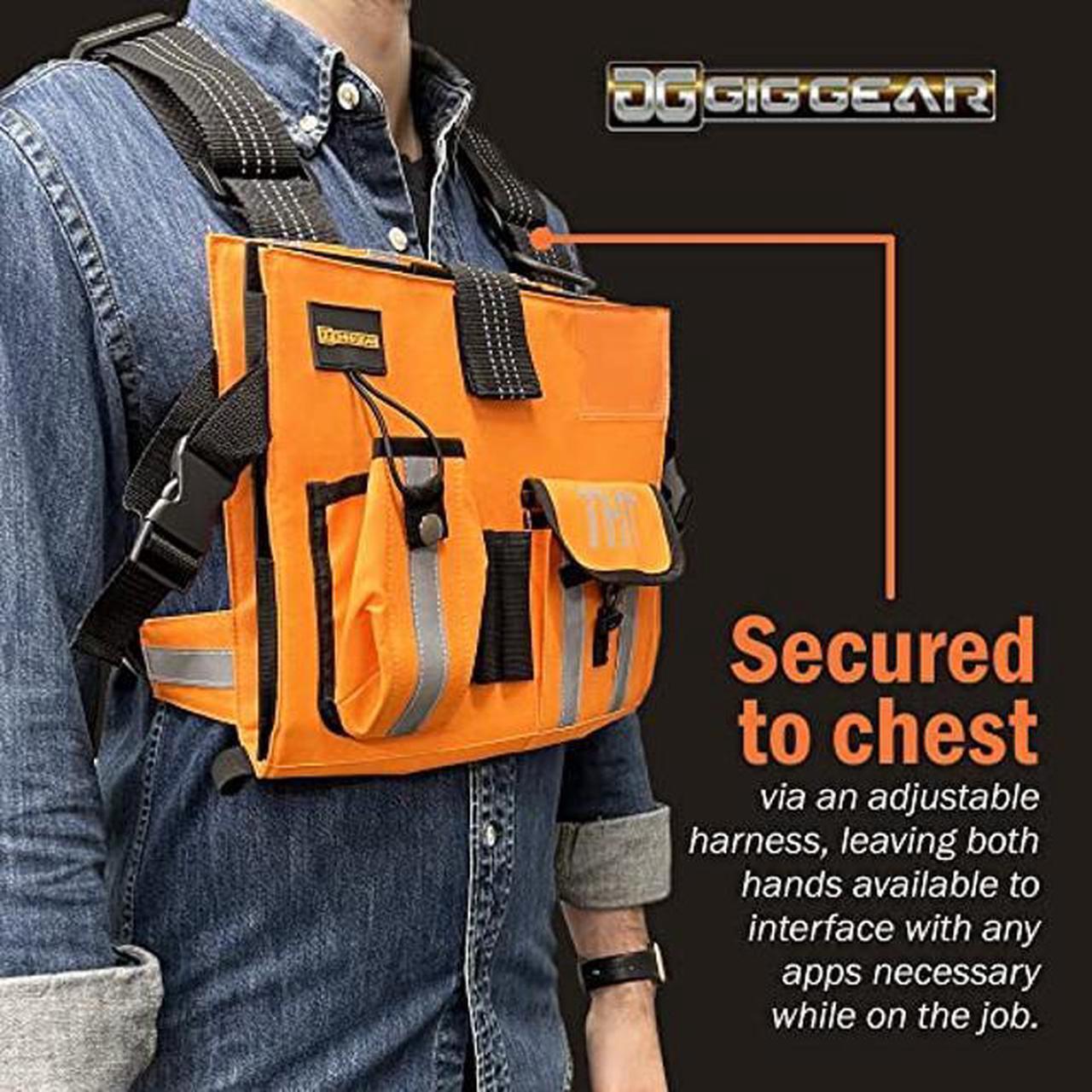 Alt view image 4 of 5 - Gig Gear Two Hand Touch Tablet Chest Harness for iPad & Samsung Tablets, Workplace Safety & High Visibility Item Tablet Carrier with Strap & Compartments for 12.9 Inch Mobile Device & iPad Chest Mount