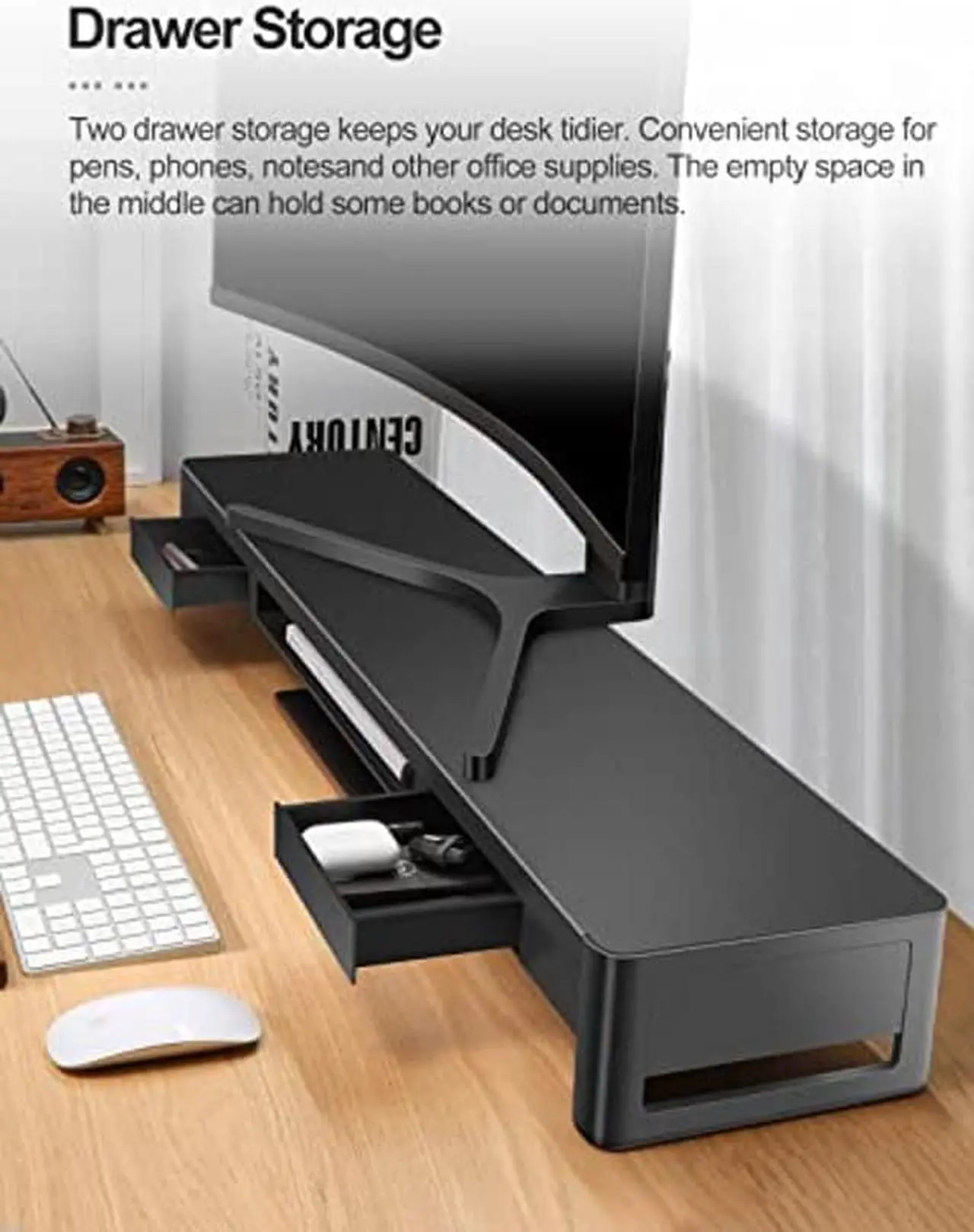 Alt view image 2 of 5 - meatanty Dual Monitor Stand Riser with 2 Storage Drawers, Metal Computer Monitor Stand Monitor Shelf with Pull Out Drawer, Keyboard and Mouse Storage Desktop Organizer for PC,Laptop,iMac,TV,Printer