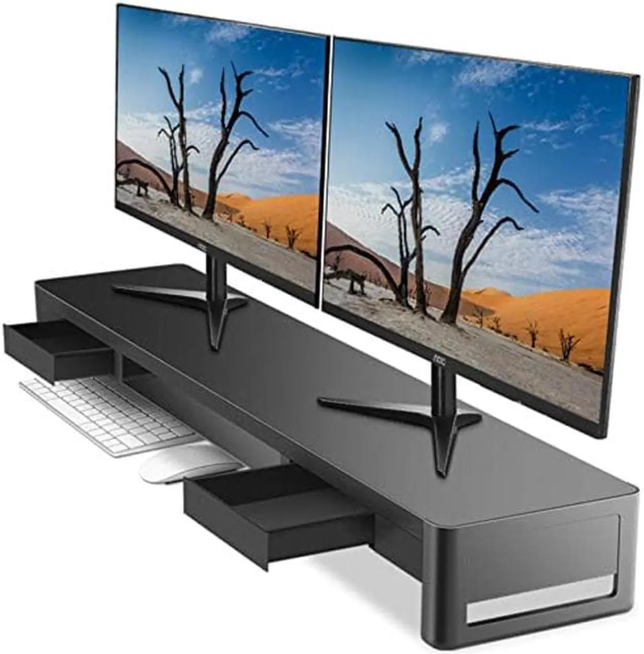 Main image of meatanty Dual Monitor Stand Riser with 2 Storage Drawers, Metal Computer Monitor Stand Monitor Shelf with Pull Out Drawer, Keyboard and Mouse Storage Desktop Organizer for PC,Laptop,iMac,TV,Printer