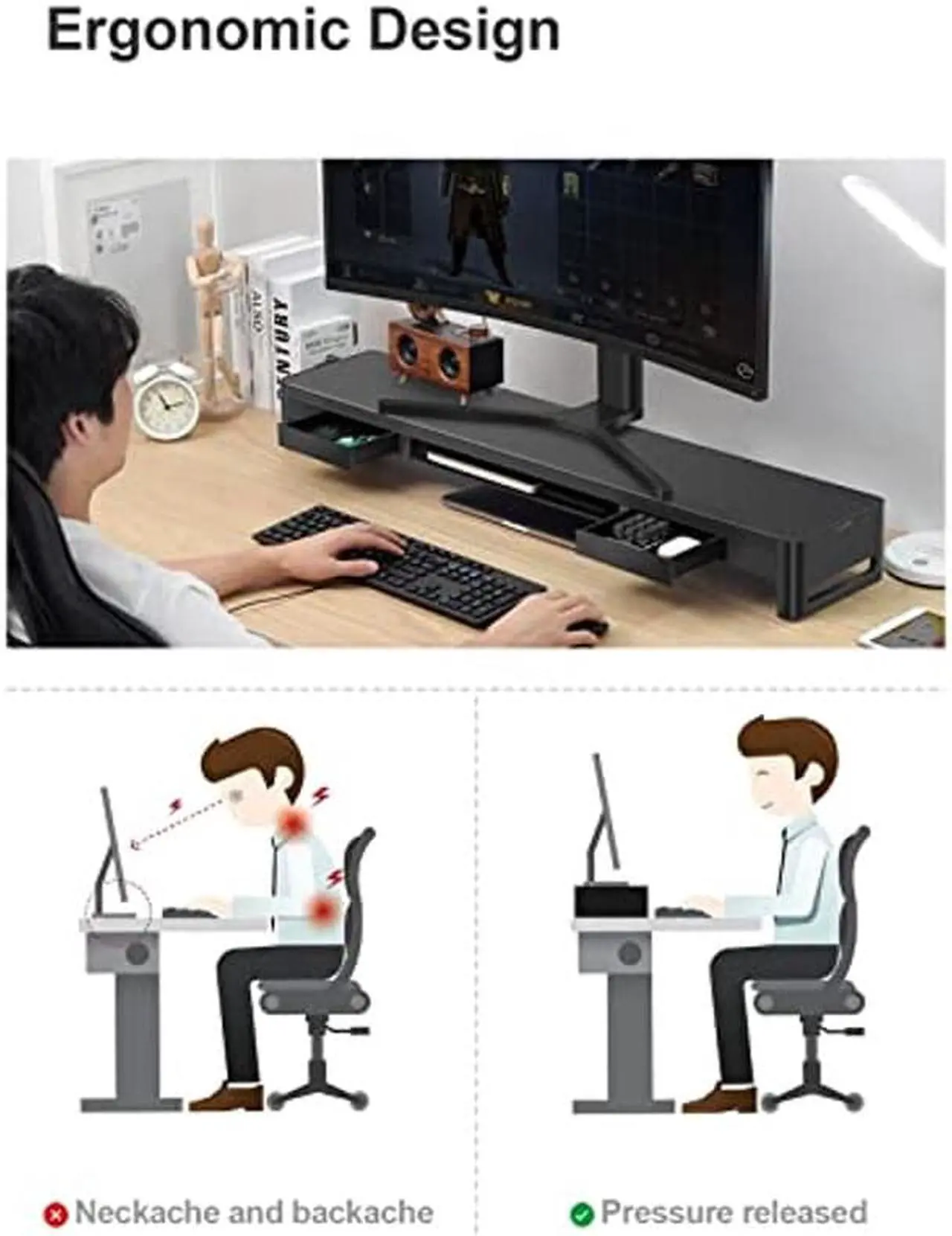 Alt view image 3 of 5 - meatanty Dual Monitor Stand Riser with 2 Storage Drawers, Metal Computer Monitor Stand Monitor Shelf with Pull Out Drawer, Keyboard and Mouse Storage Desktop Organizer for PC,Laptop,iMac,TV,Printer