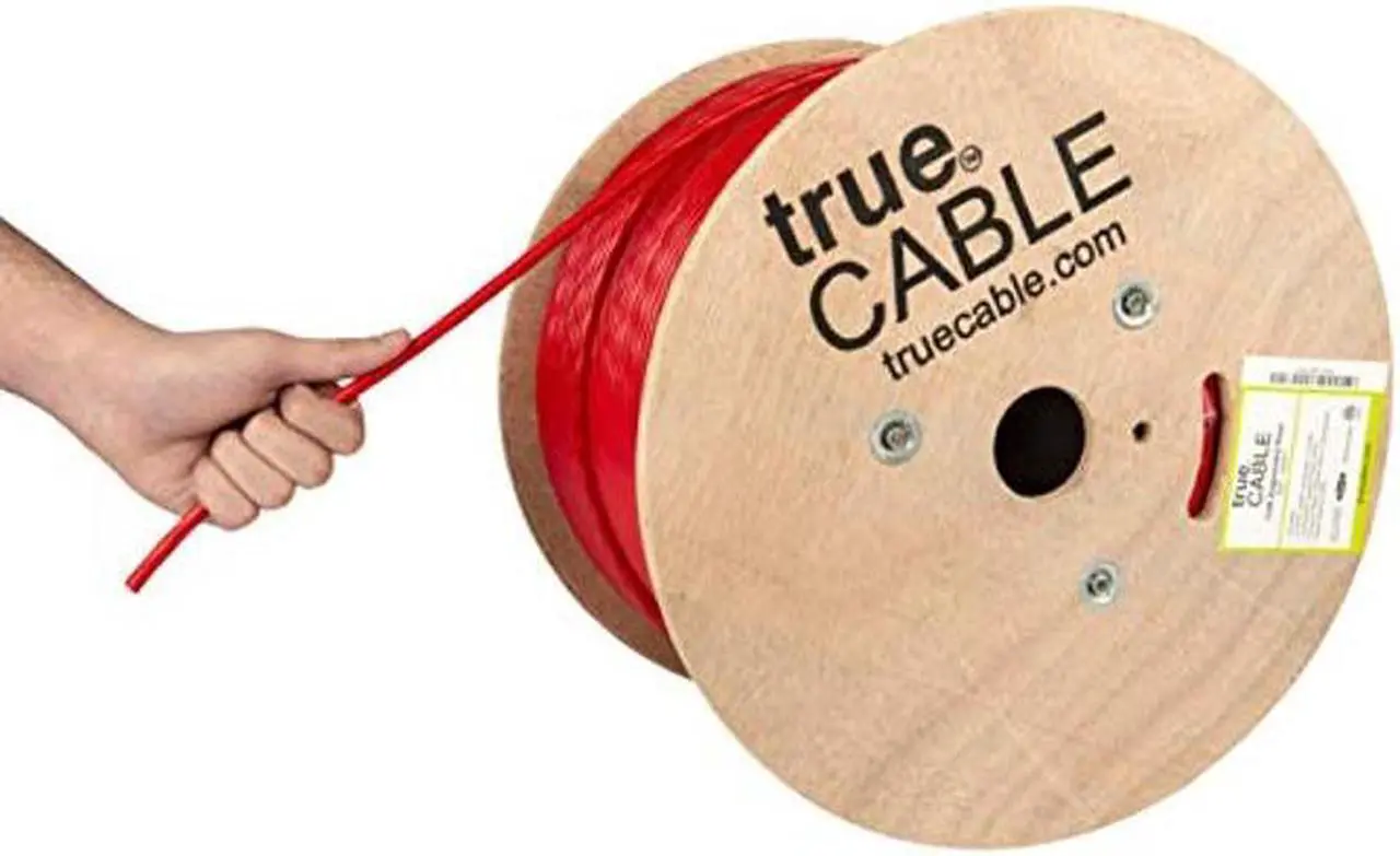 Main image of trueCABLE Cat6A Riser (CMR), 1000ft, Red, 23AWG 4 Pair Solid Bare Copper, 750MHz, PoE++ (4PPoE), ETL Listed, Unshielded Twisted Pair (UTP), Bulk Ethernet Cable