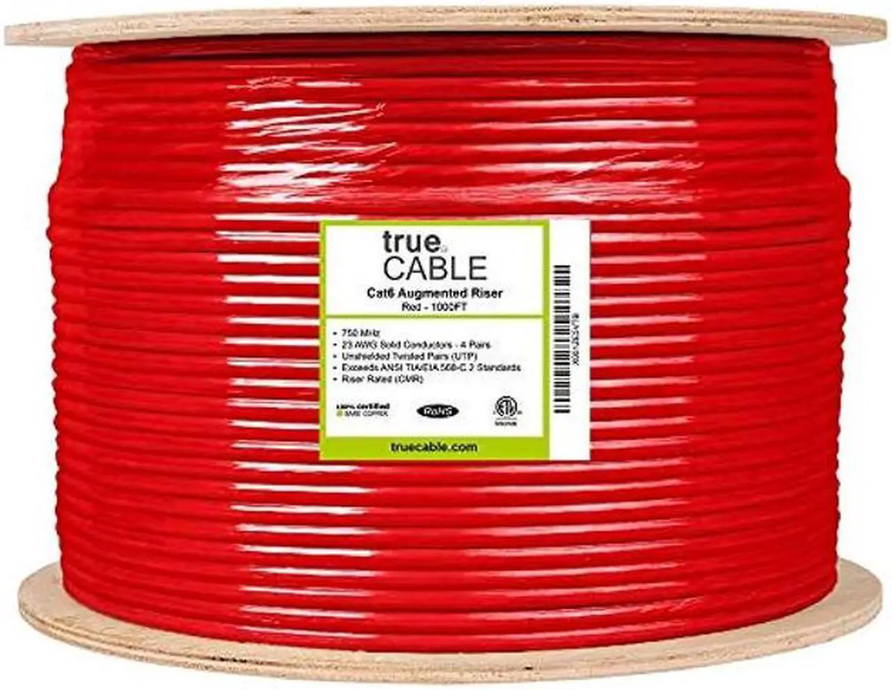 Alt view image 4 of 5 - trueCABLE Cat6A Riser (CMR), 1000ft, Red, 23AWG 4 Pair Solid Bare Copper, 750MHz, PoE++ (4PPoE), ETL Listed, Unshielded Twisted Pair (UTP), Bulk Ethernet Cable